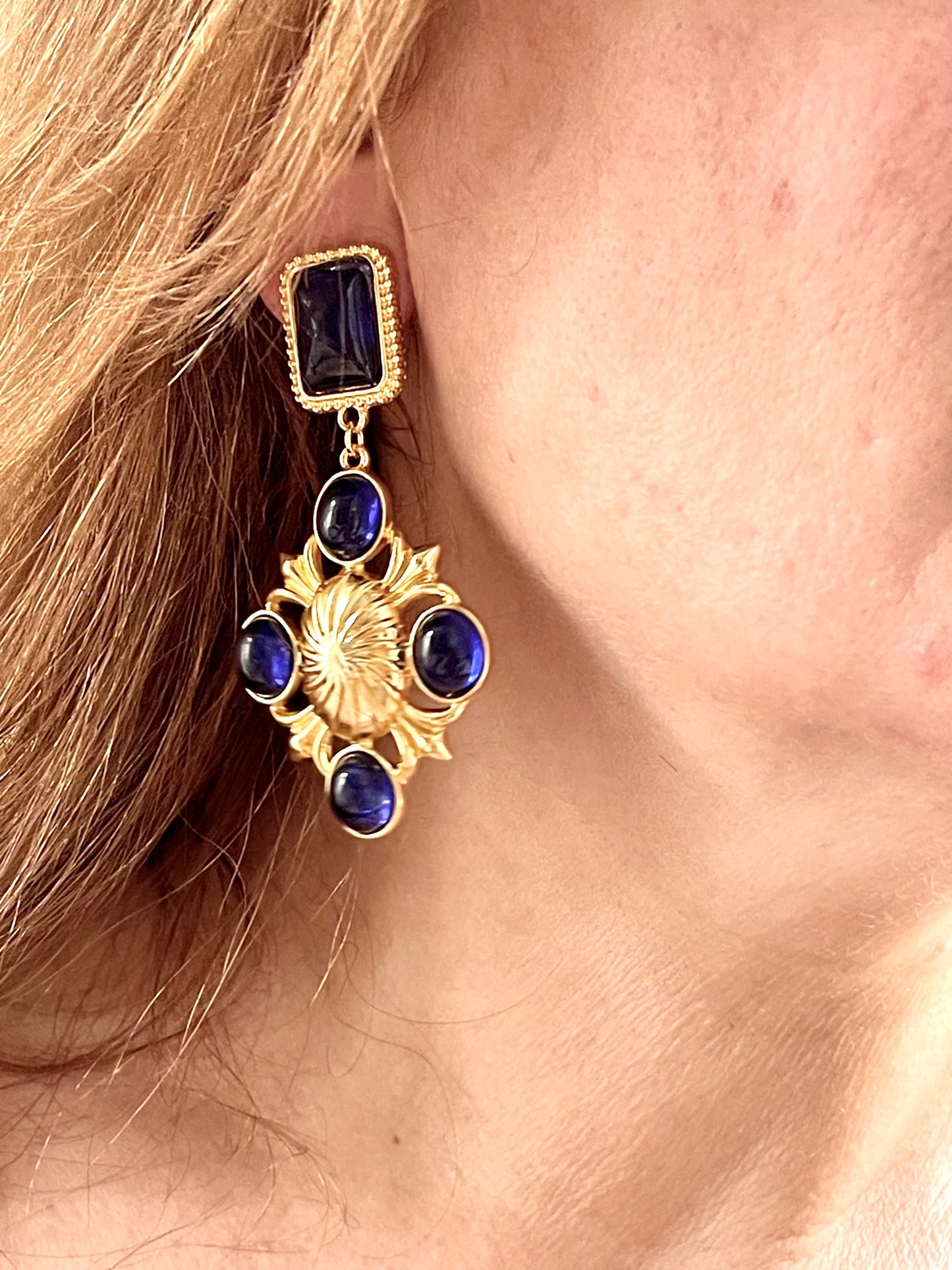 Light Gold Metal Blue Resin Earrings