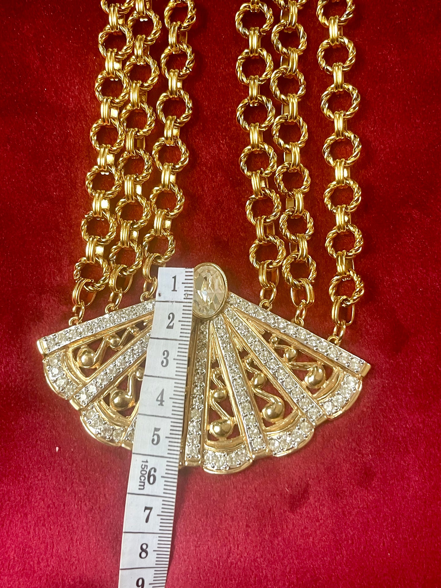 6 cm length 90’s Rare vintage Yves Saint Laurent fan pendant statement necklace gold rhinestones