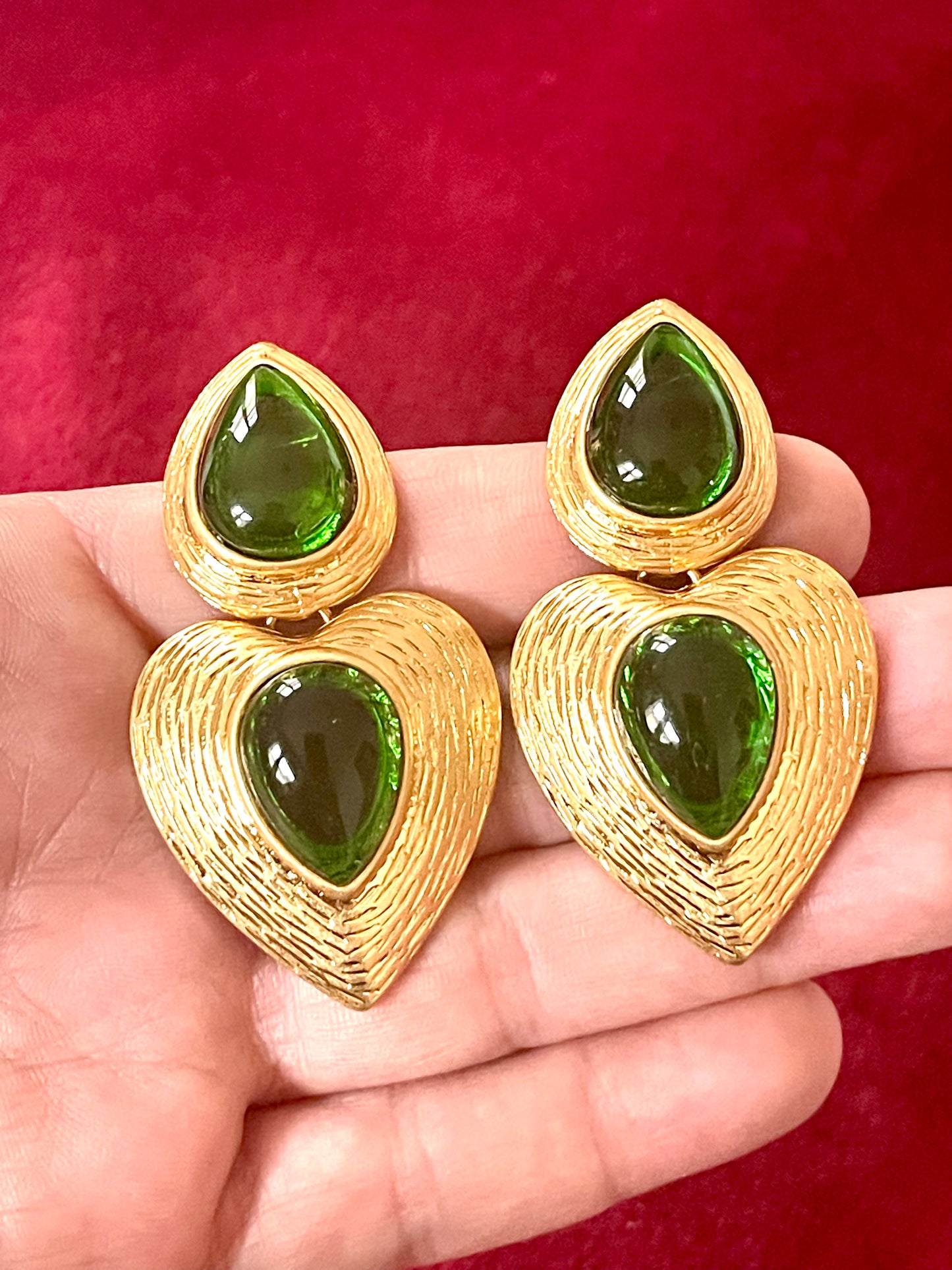 Tear Drop Gold & Green Remake Vintage Design Earrings