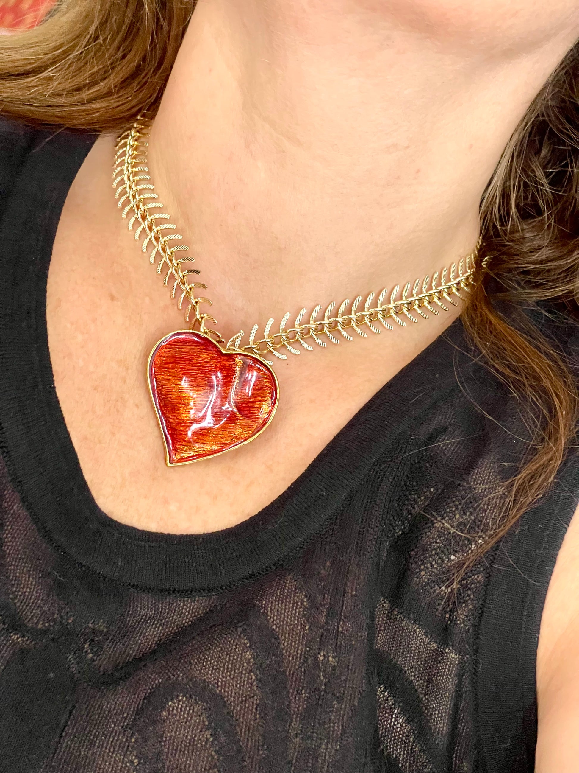 Arty Yves Saint Laurent vintage 80’s red enamel gold plated heart charms statement pendant necklace brooch rare items