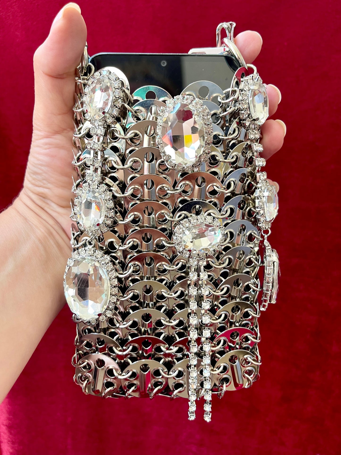 Micro Metal Phone Holder Bag Removable Crystal Brooches Style Paco Rabanne