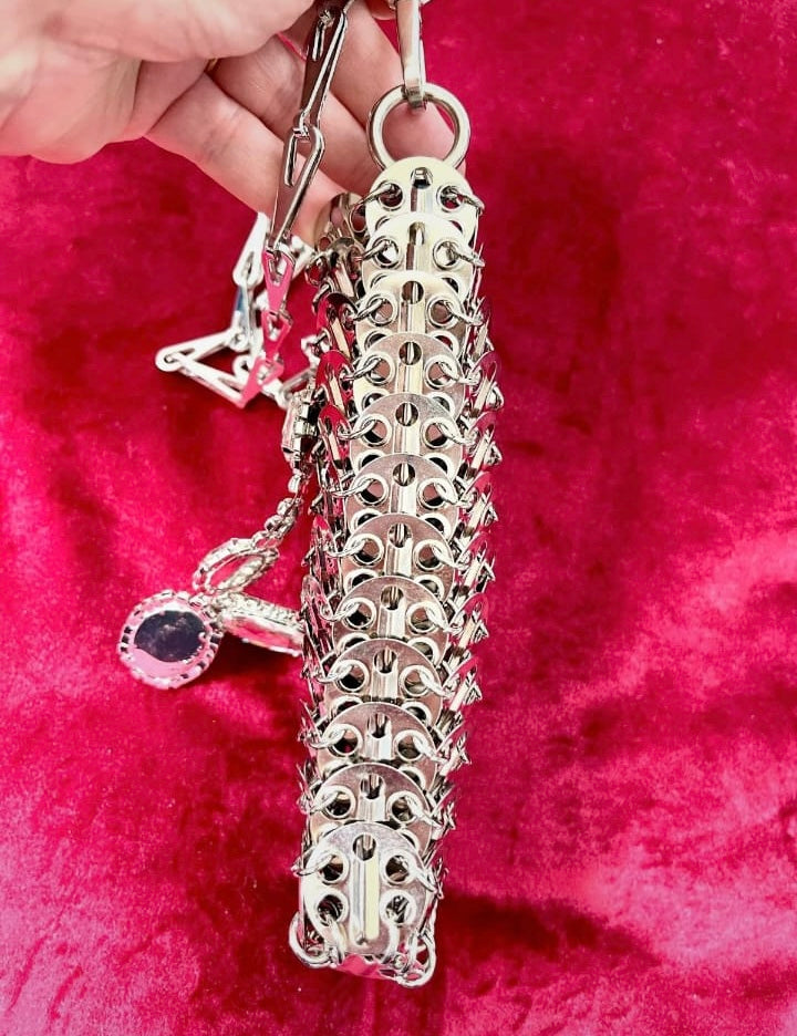 Side view Phone holder silver metal Crystal crossbody bag style Paco Rabanne Sparkle 1969
