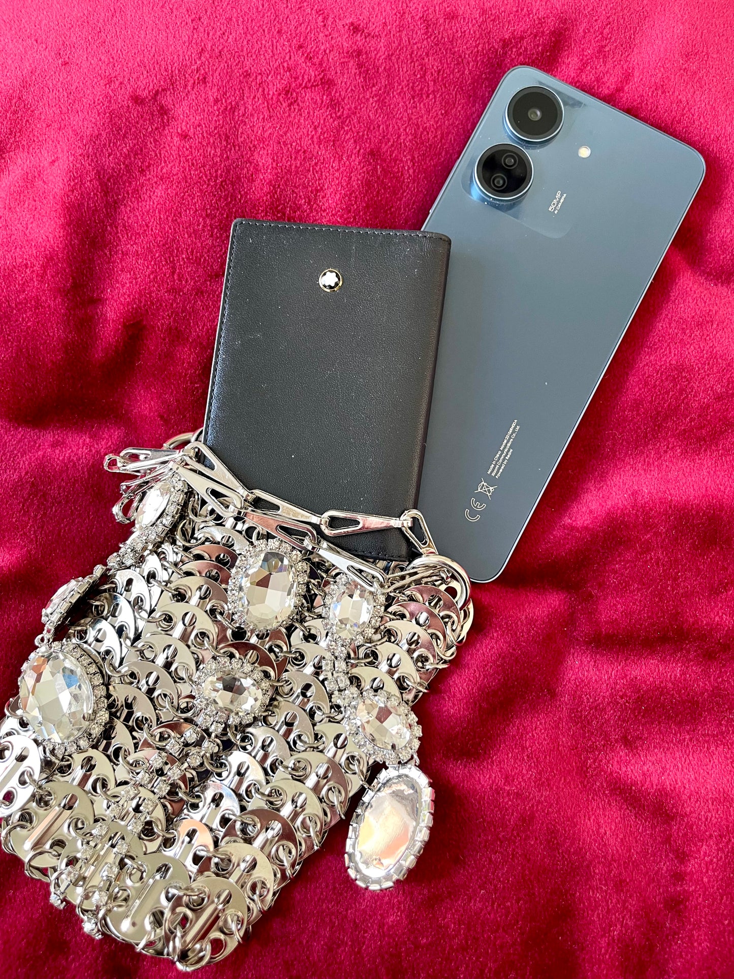 Micro Metal Phone Holder Bag Removable Crystal Brooches Style Paco Rabanne