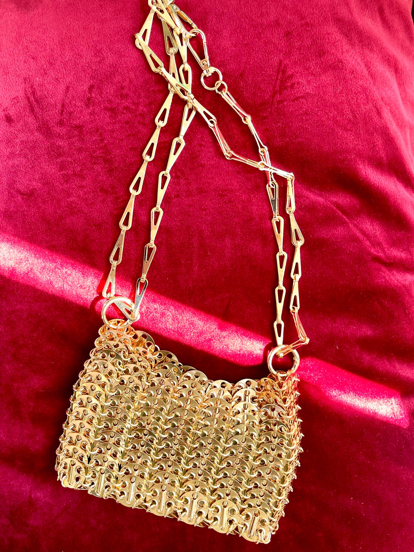 Flat view of Rose gold sparkle 1969 design bag style Paco Rabanne