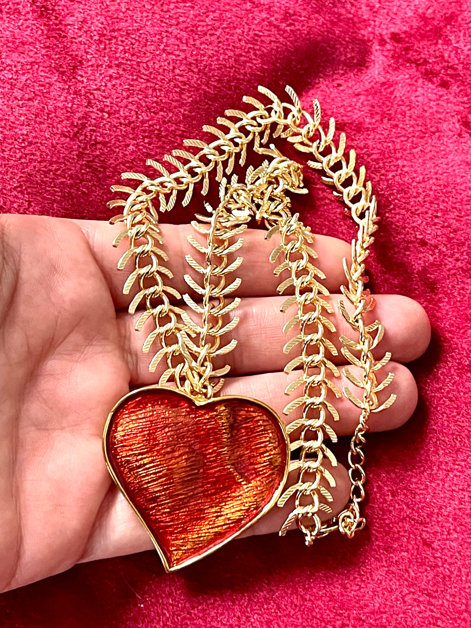 Arty Yves Saint Laurent vintage 80’s red enamel gold plated heart charms statement pendant necklace brooch rare items