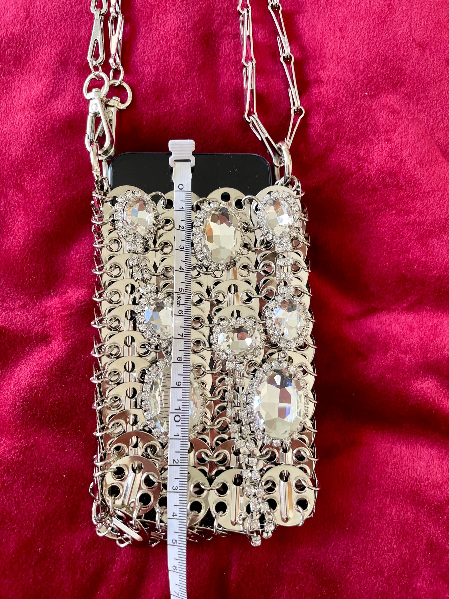 Micro Metal Phone Holder Bag Removable Crystal Brooches Style Paco Rabanne