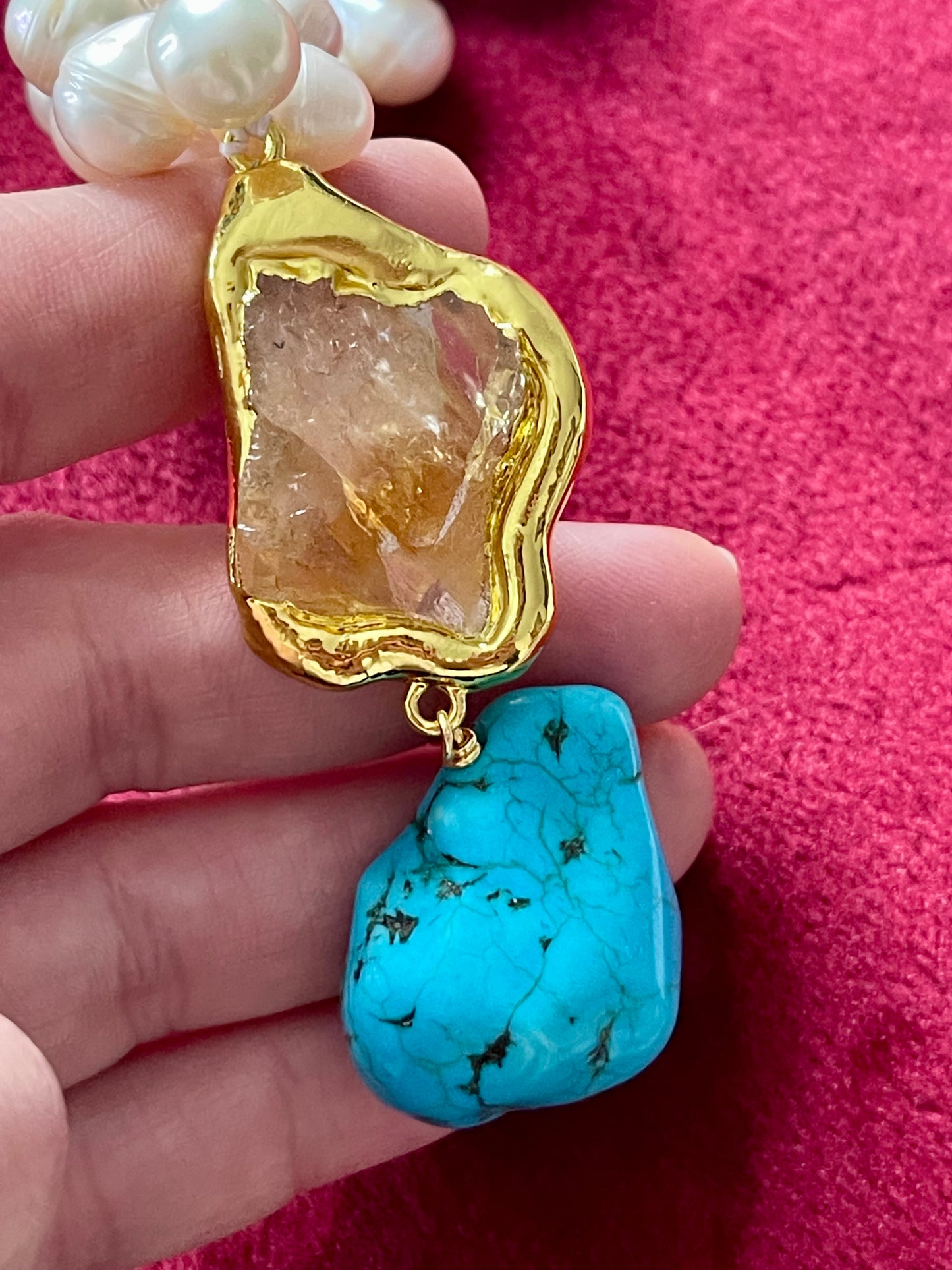 Citrine Turquoise Stones Fresh Water Pearl Statement Design Necklace