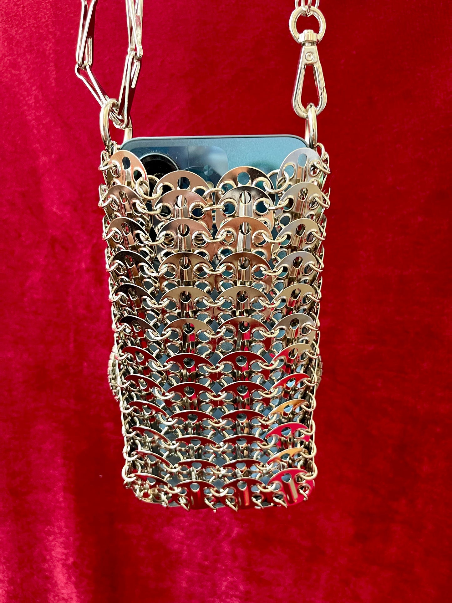 Micro Metal Phone Holder Bag Removable Crystal Brooches Style Paco Rabanne