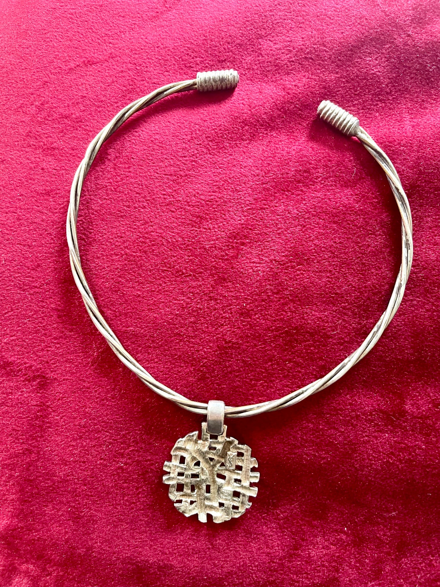 Back view rare Yves Saint Laurent silver pendant monogram signed authentic vintage necklace chocker