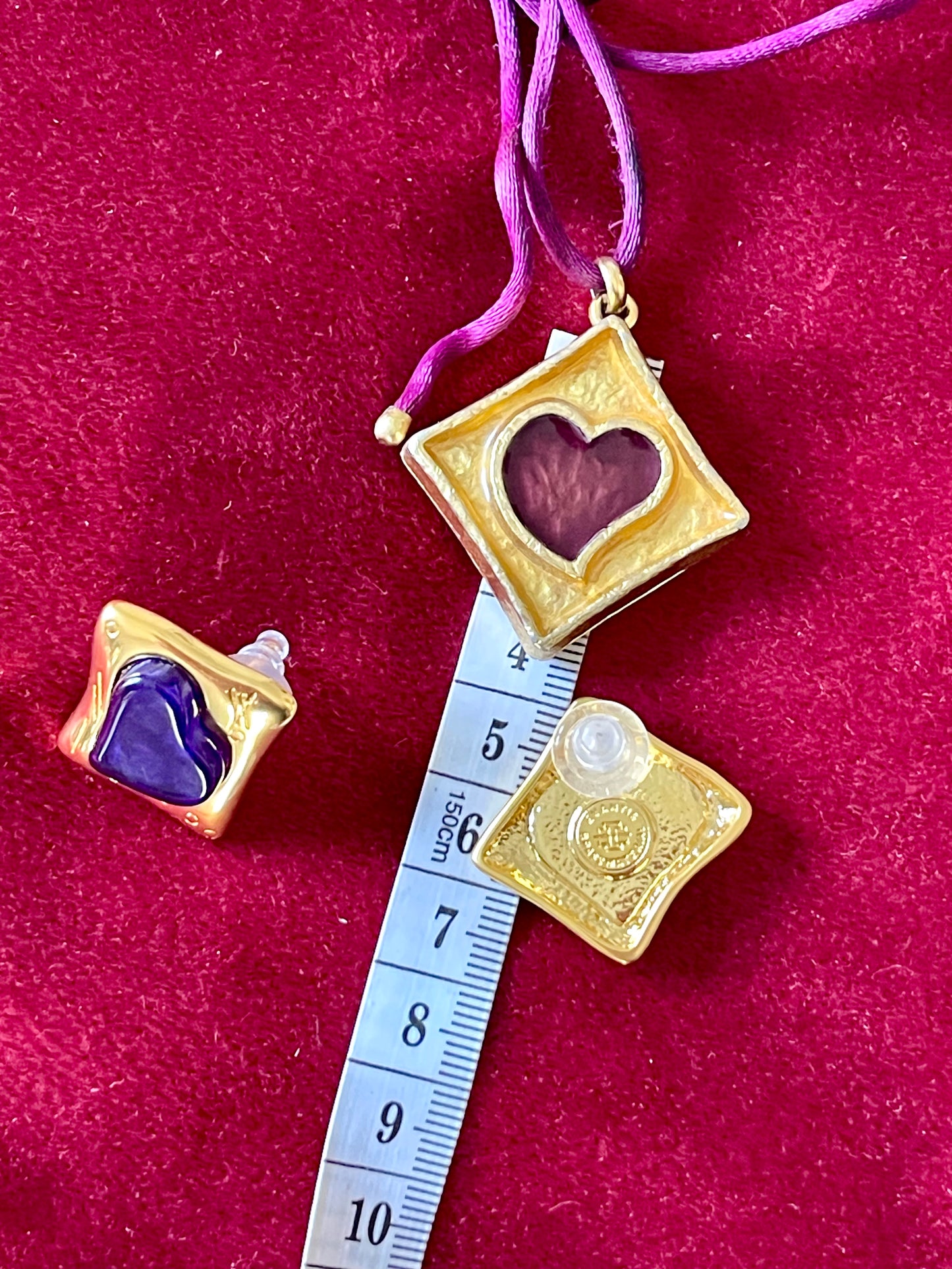 Jewelry set Vintage YSL Opium heart pendant vintage Yves Saint Laurent gold plated charm perfume necklace earrings