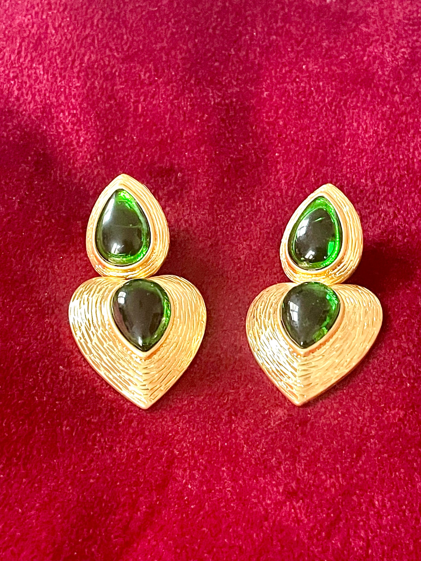 Tear Drop Gold & Green Remake Vintage Design Earrings