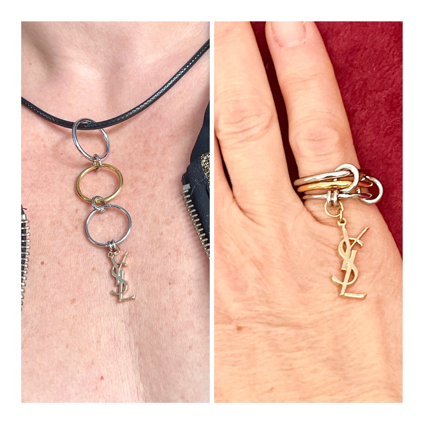 Authentic Vintage Charm Duo-Color Stainless Steel Ring with Leather Necklace