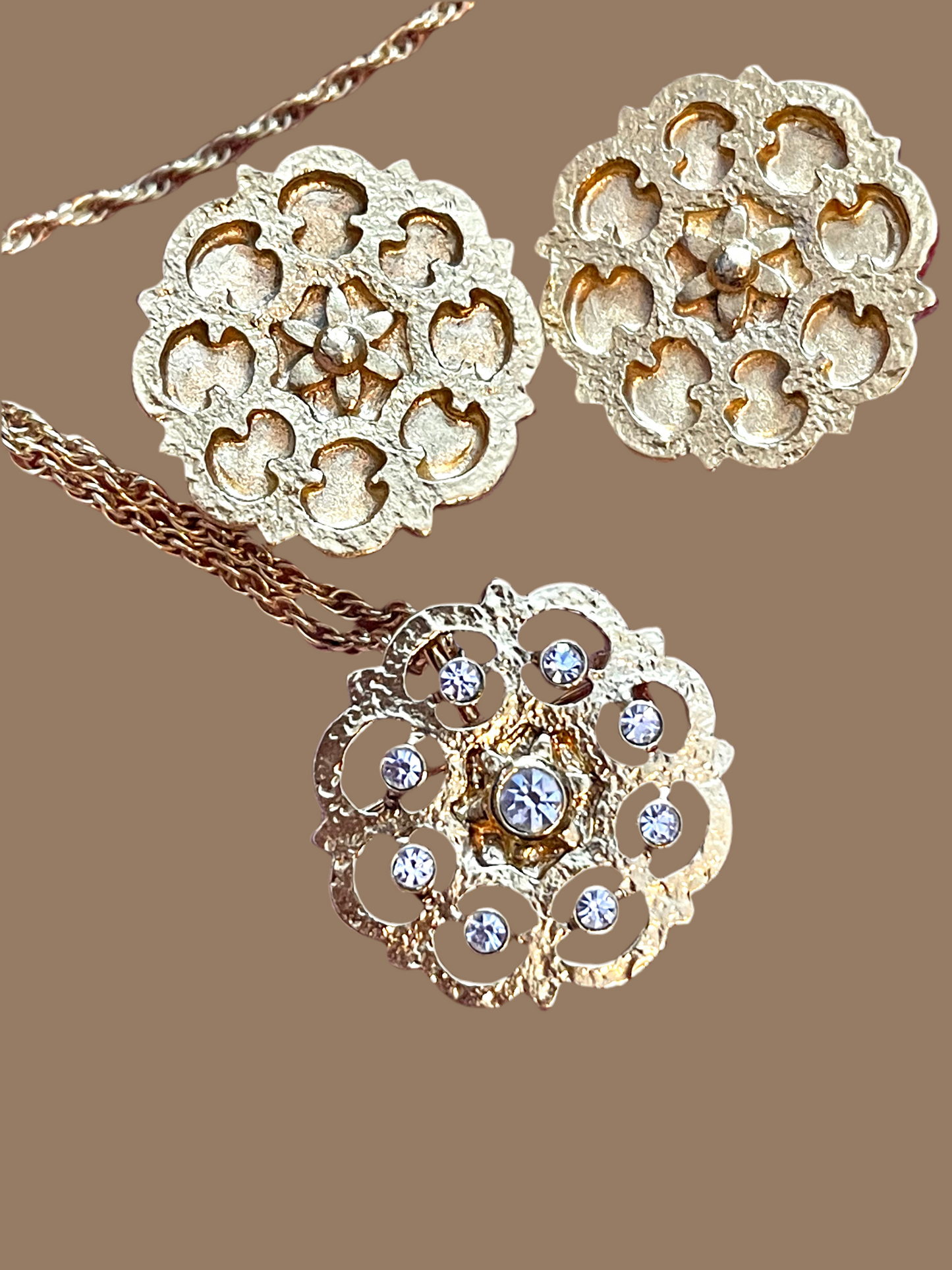 Yves Saint Laurent vintage floral jewelry set - clip on earrings pendant necklace gold plated