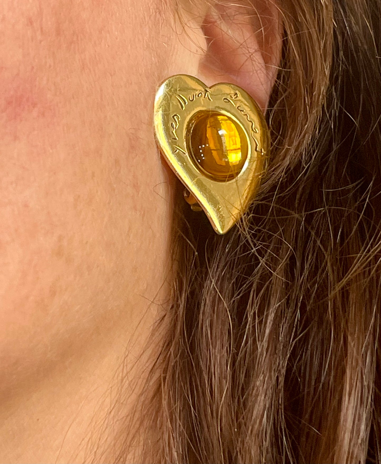 Vintage YSL Arty Heart Earrings Gold & Champagne Resin Clip-On