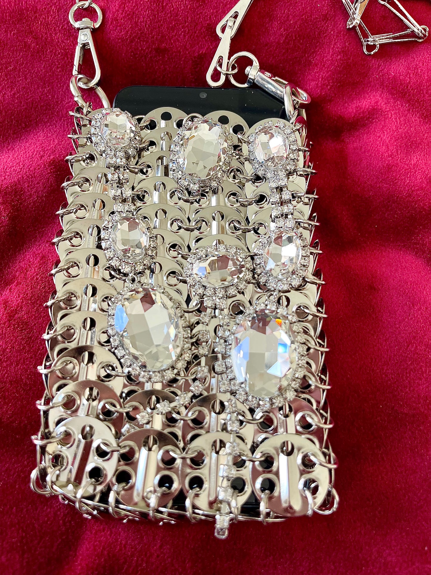 Micro Metal Phone Holder Bag Removable Crystal Brooches Style Paco Rabanne