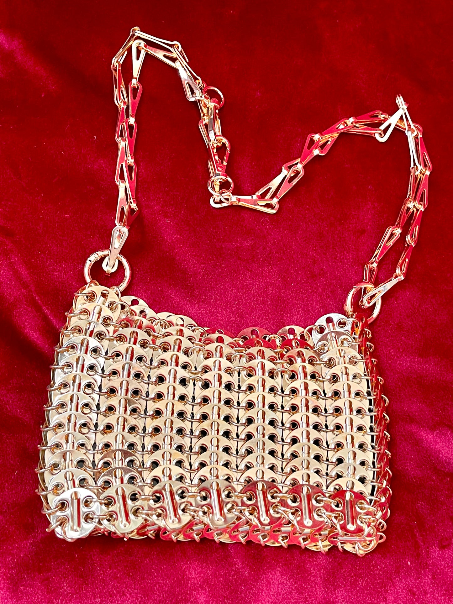 Rose gold sparkle 1969 design shoulder bag style Paco Rabanne