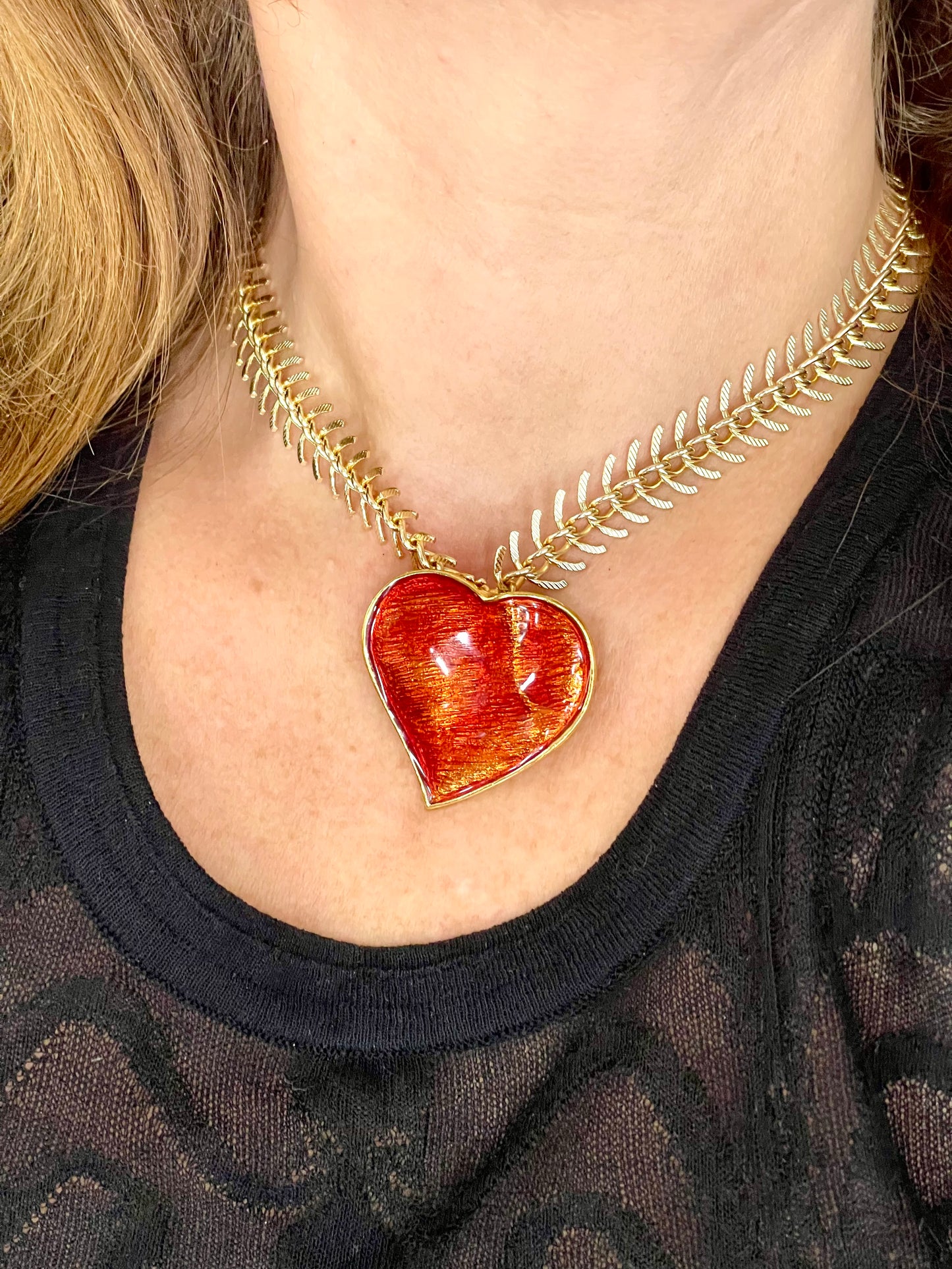 Arty Yves Saint Laurent vintage 80’s red enamel gold plated heart charms statement pendant necklace brooch rare items
