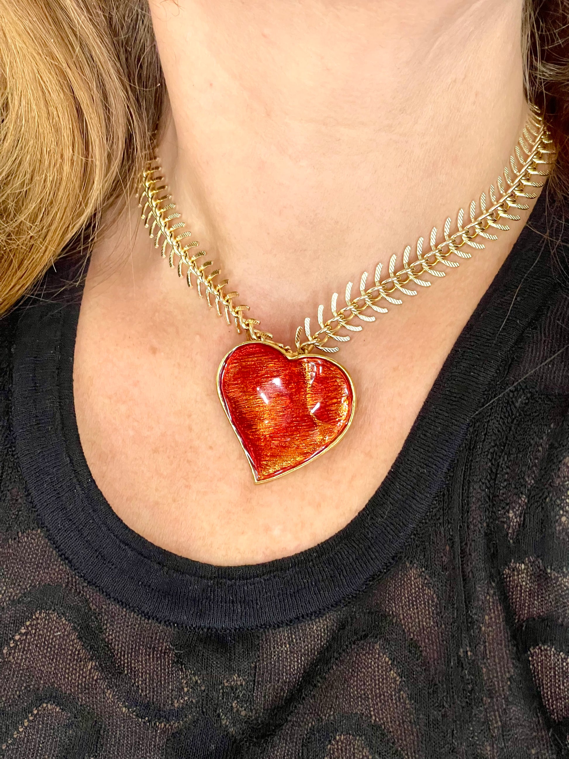 Arty Yves Saint Laurent vintage 80’s red enamel gold plated heart charms statement pendant necklace brooch rare items