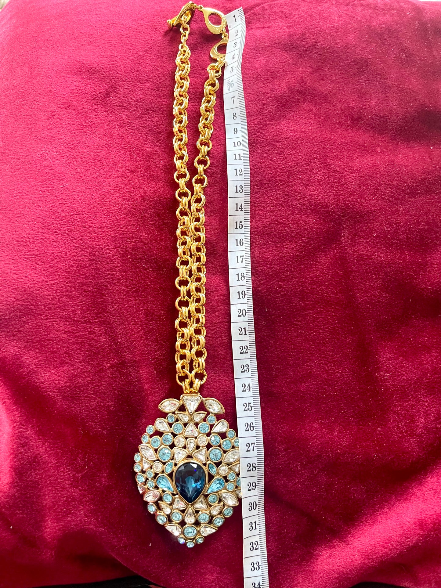 Yves Saint Laurent Vintage Blue Rhinestones Statement Pendant Necklace