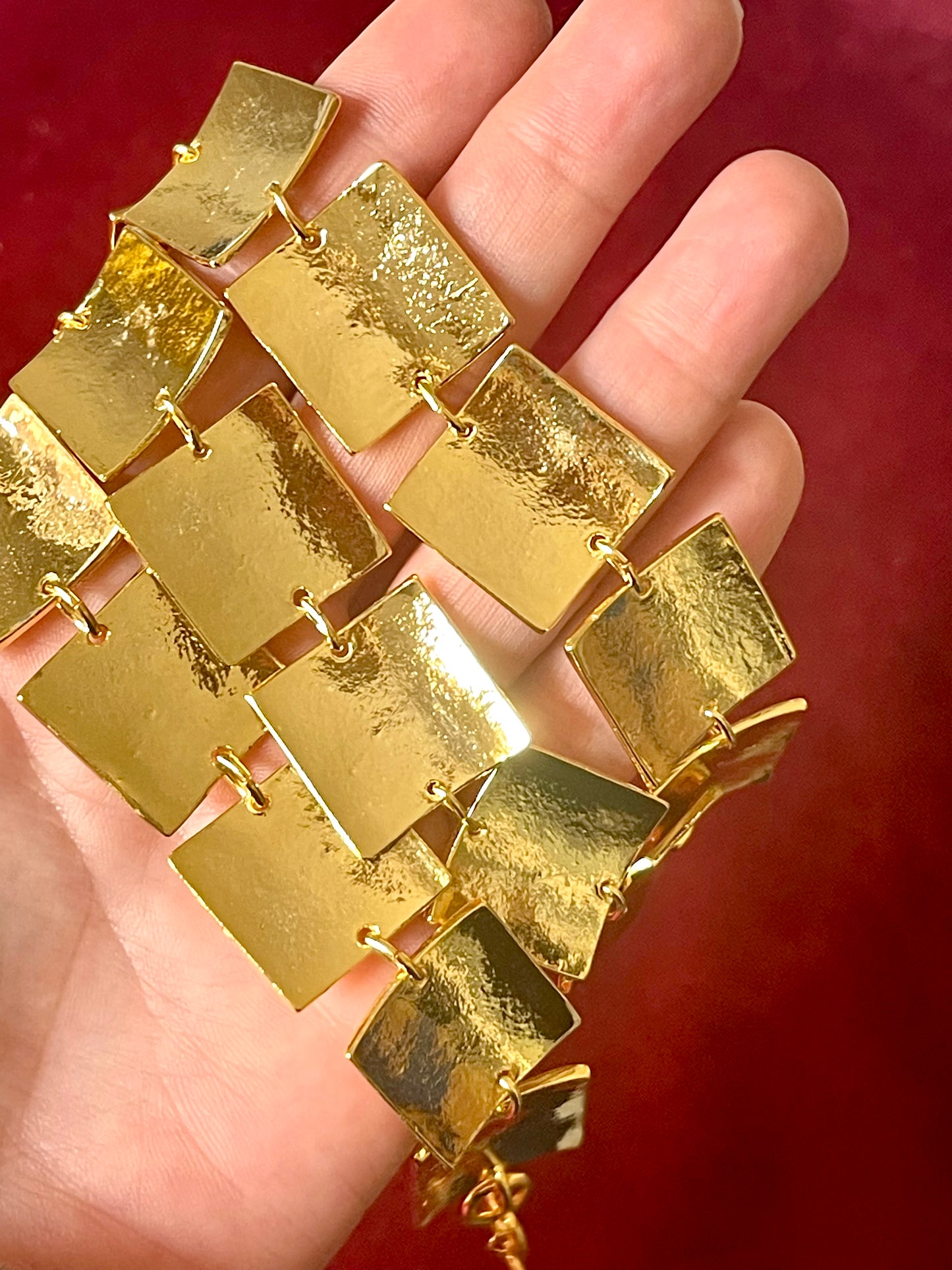 Back view Close up of Iconic Paco Rabanne vintage gold plated jewelry set , bracelet- necklace refurbished 18KG on hand