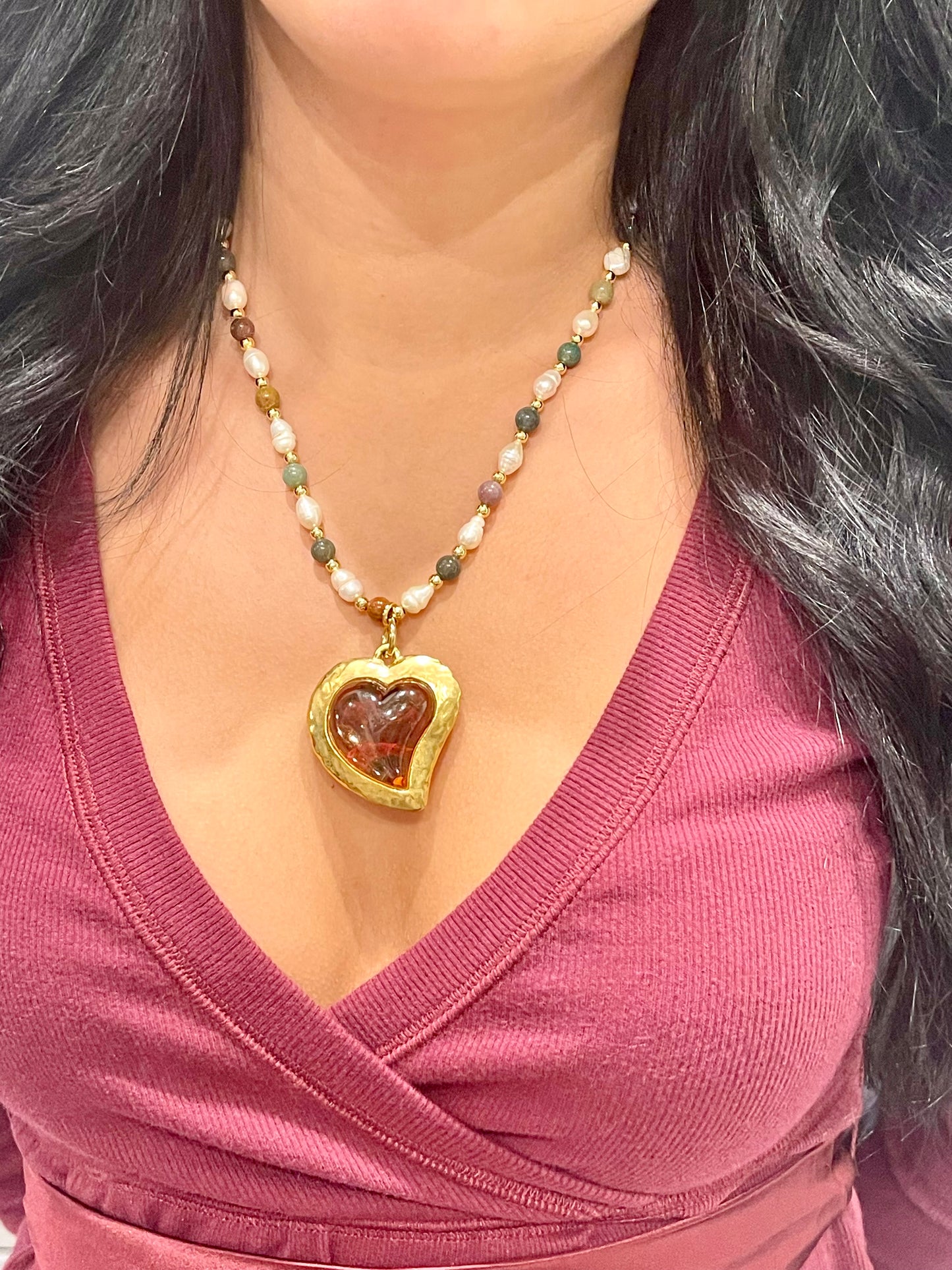 Vintage Yves Saint Laurent Rose Petal Heart Pendant Pearl Necklace