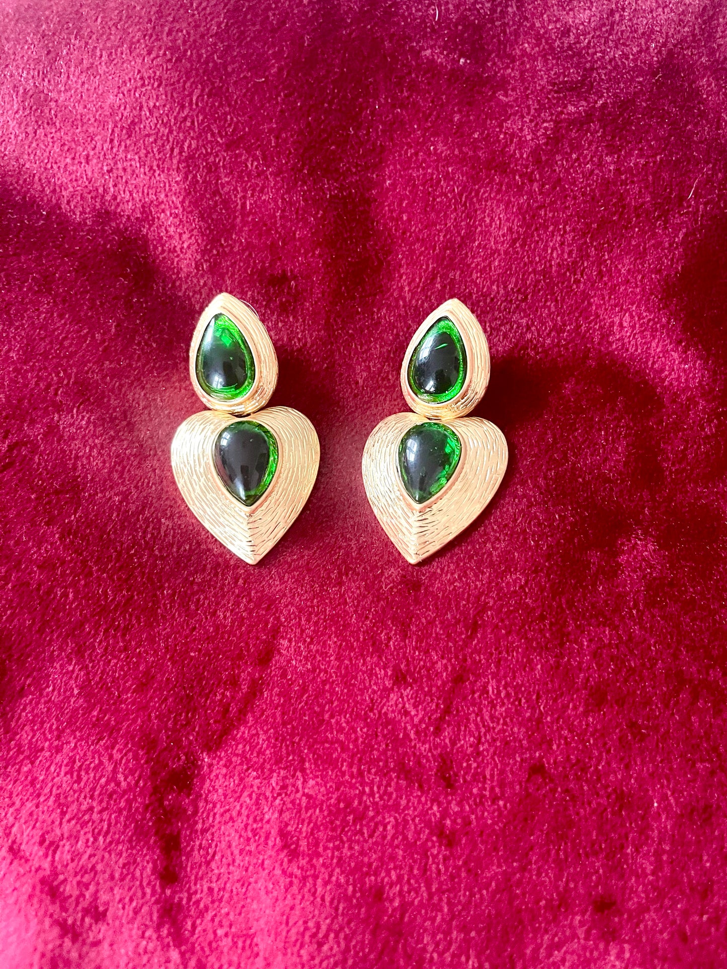 Tear Drop Gold & Green Remake Vintage Design Earrings