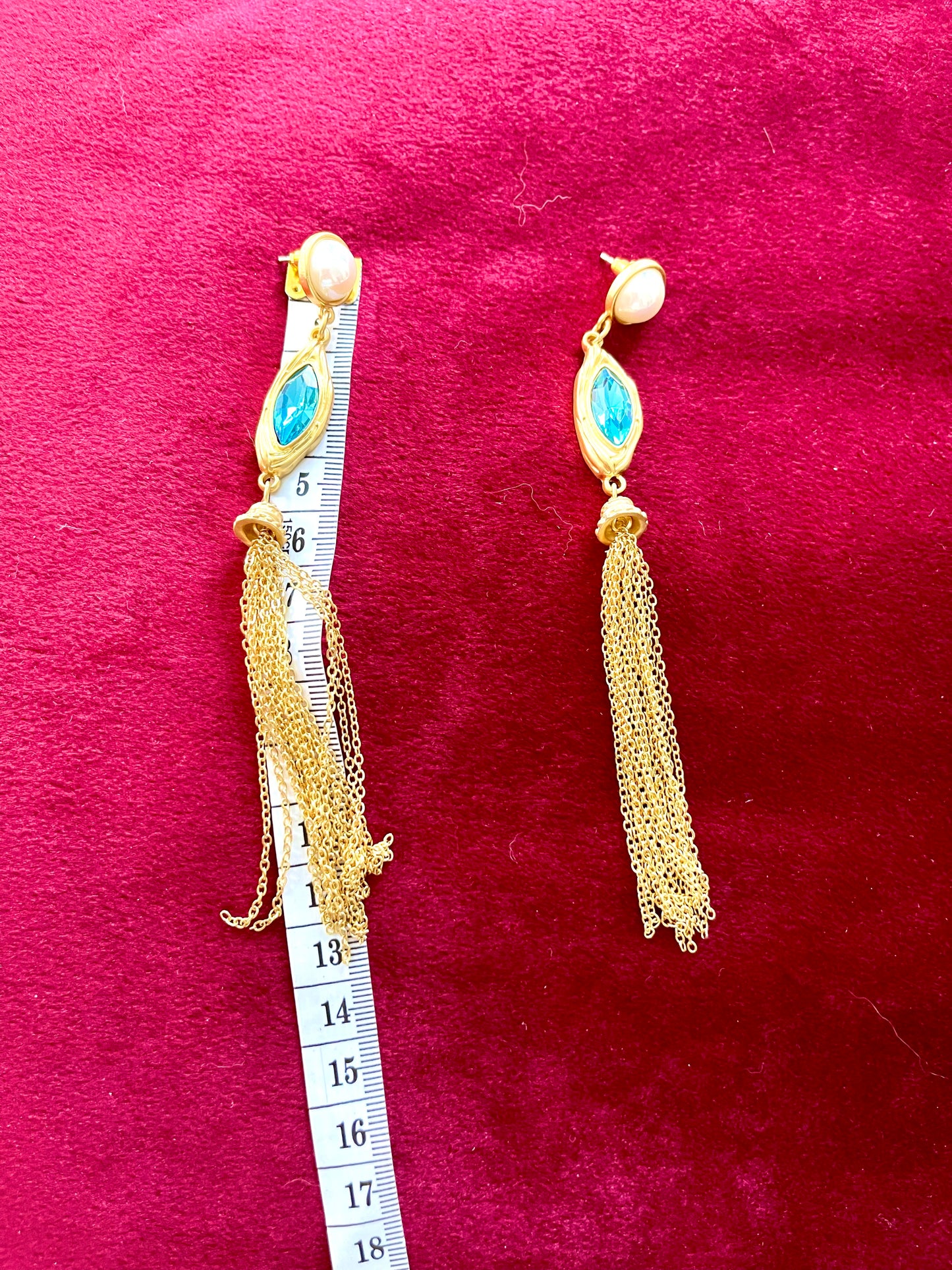 Vintage Design Statement Earrings Gold Plated Blue Glass Crystals
