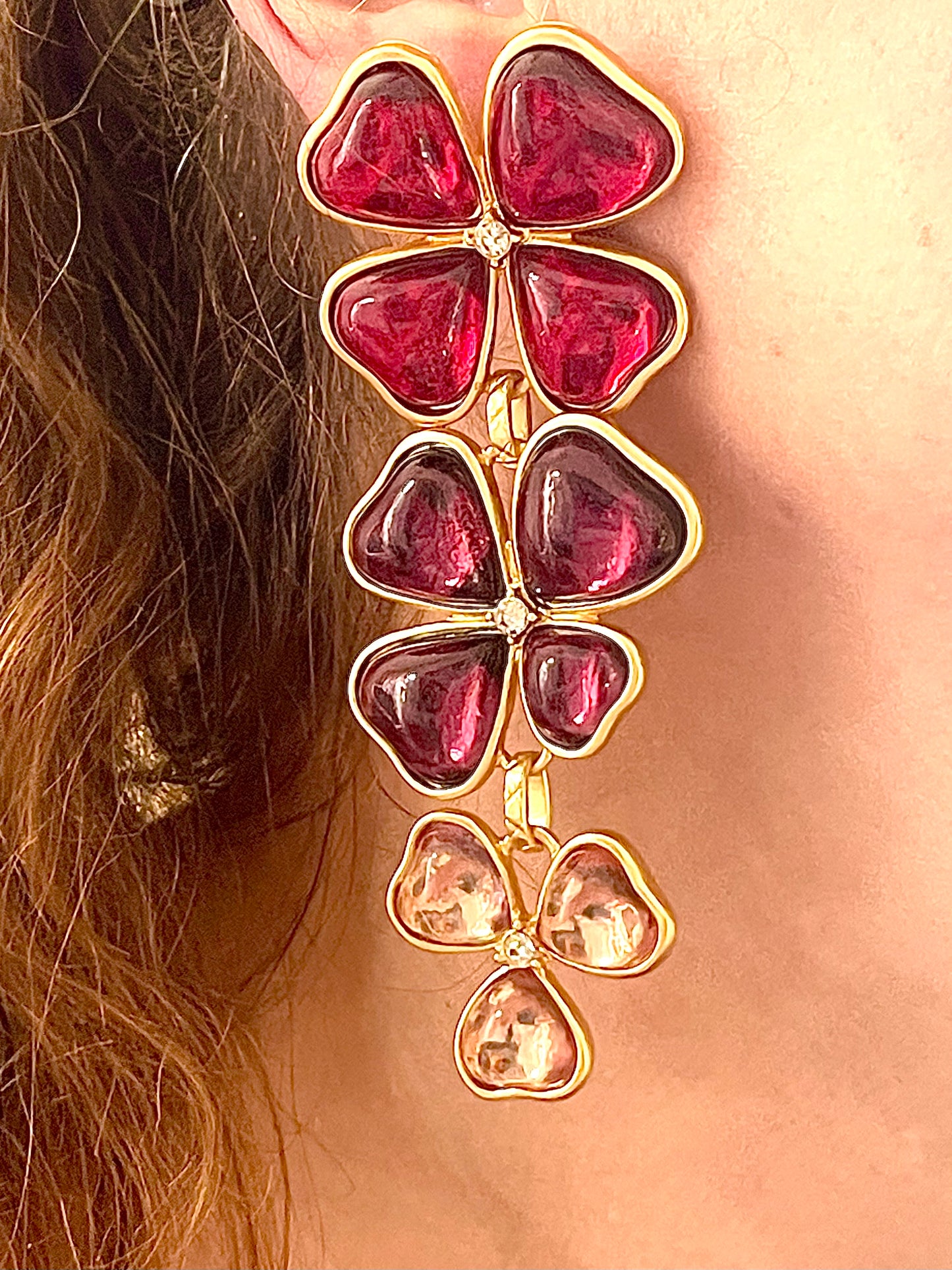 Red Yellow Gold Statement Clover Heart Earrings