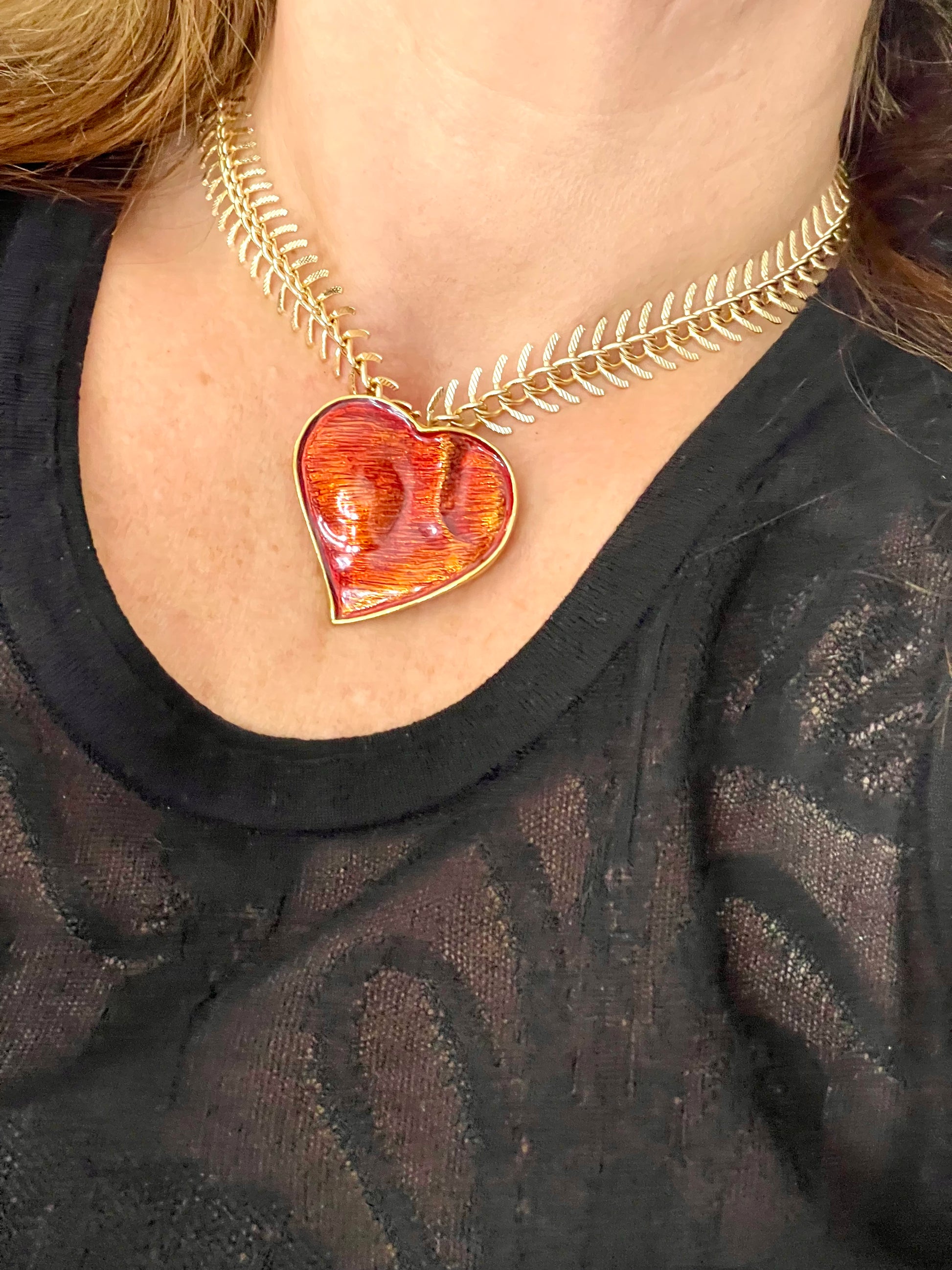 Arty Yves Saint Laurent vintage 80’s red enamel gold plated heart charms statement pendant necklace brooch rare items