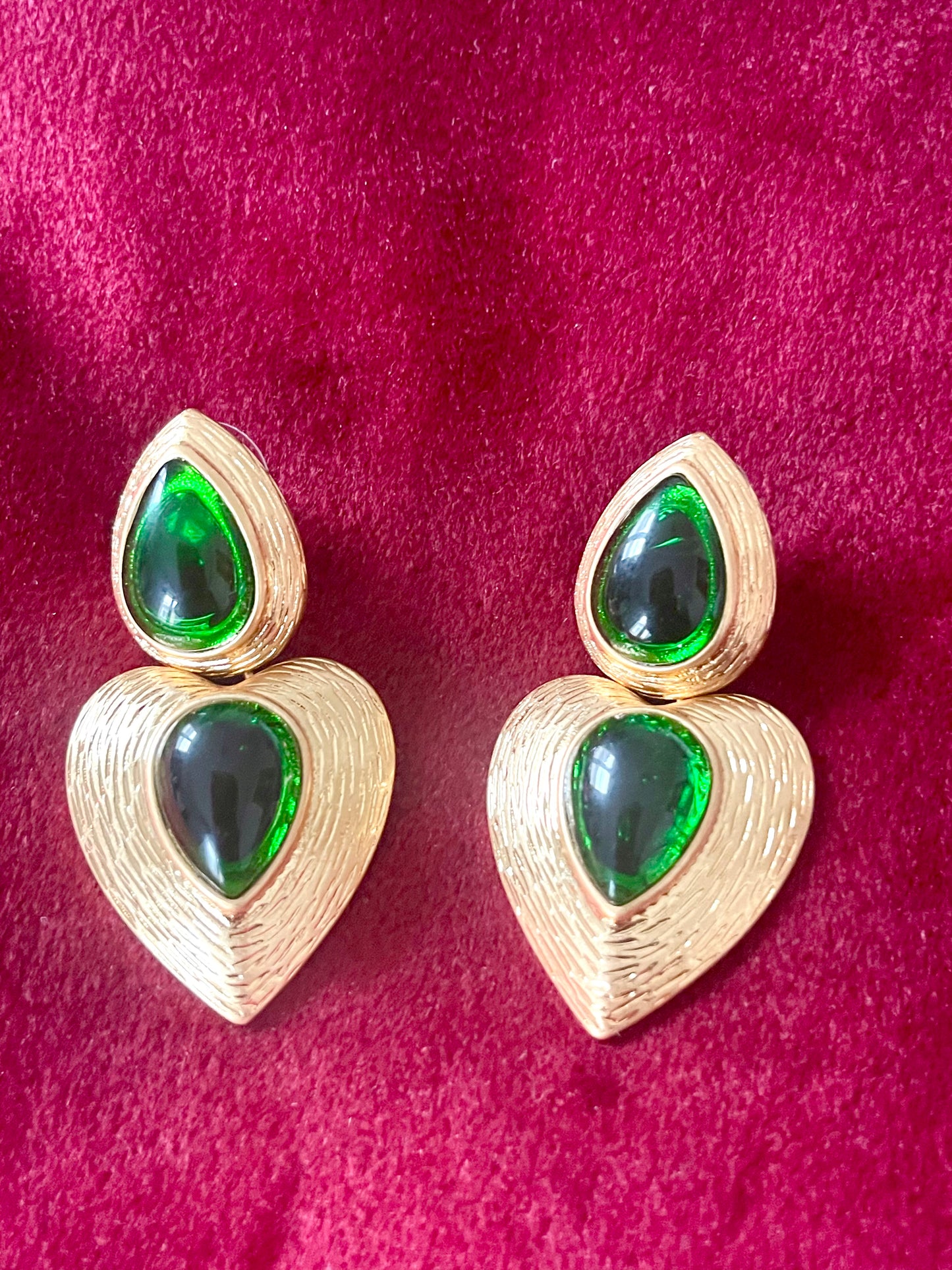 Tear Drop Gold & Green Remake Vintage Design Earrings