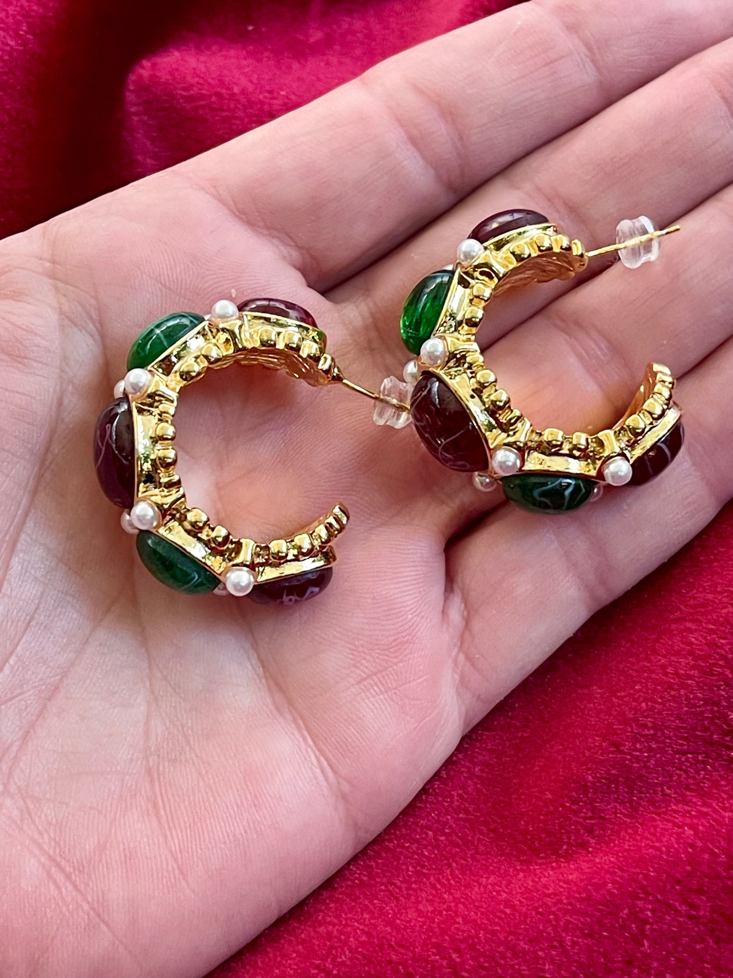 Green Resin Gold Plated Multicolored Hoop Design Earrings
