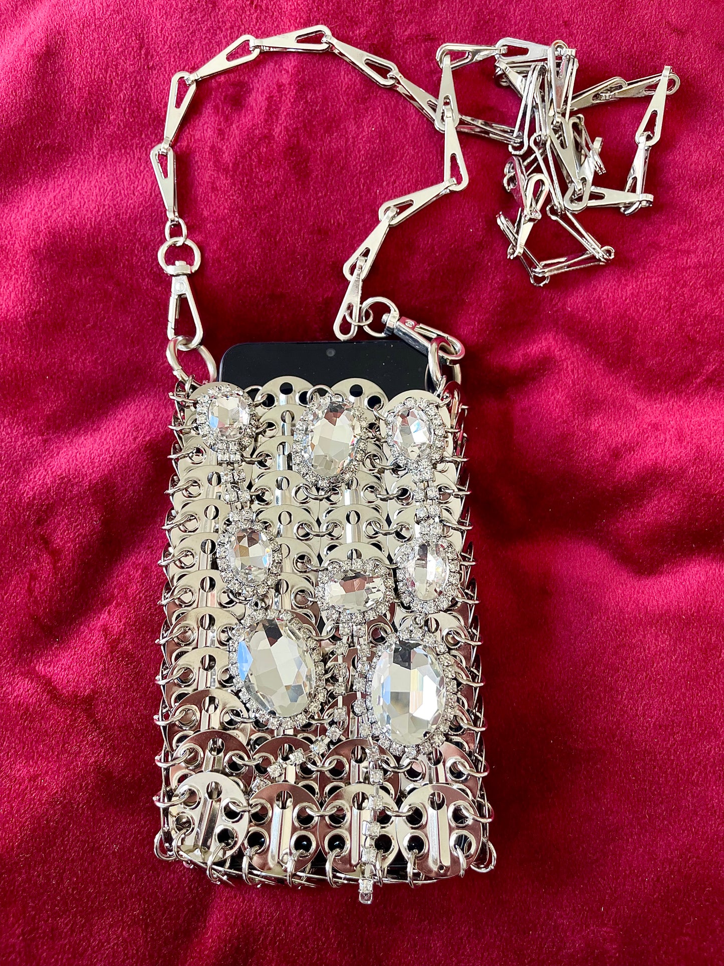 Micro Metal Phone Holder Bag Removable Crystal Brooches Style Paco Rabanne