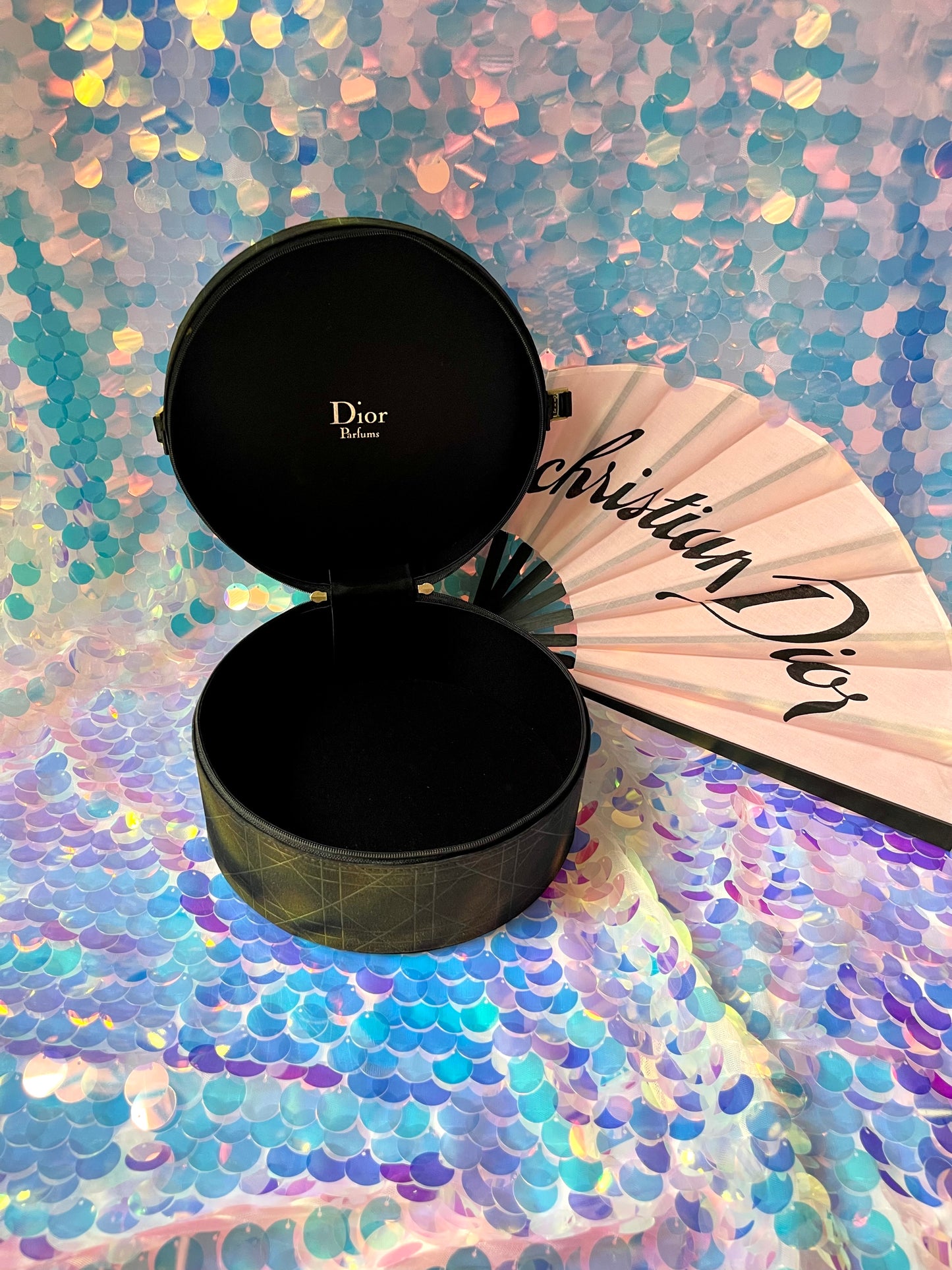 Dior vanity lady Dior vintage authentic collectible Christian Dior Parfums accessories black satin makeup storage charm mirror lipgloss