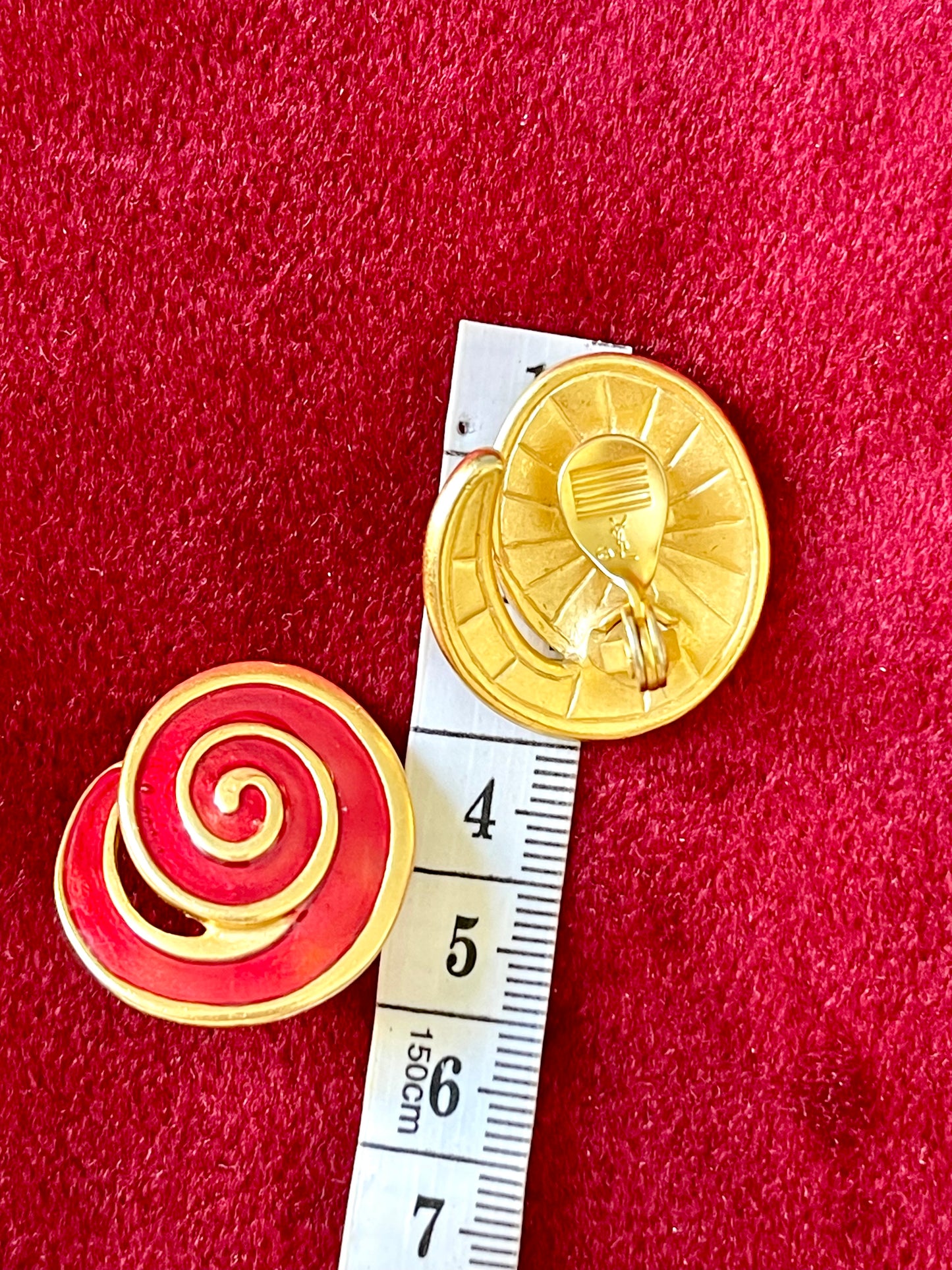 Measure 3cm Signed authentic YSL swirl red and gold tone Vintage 70’s 80’s clip on earrings Yves Saint Laurent designer items rare collection