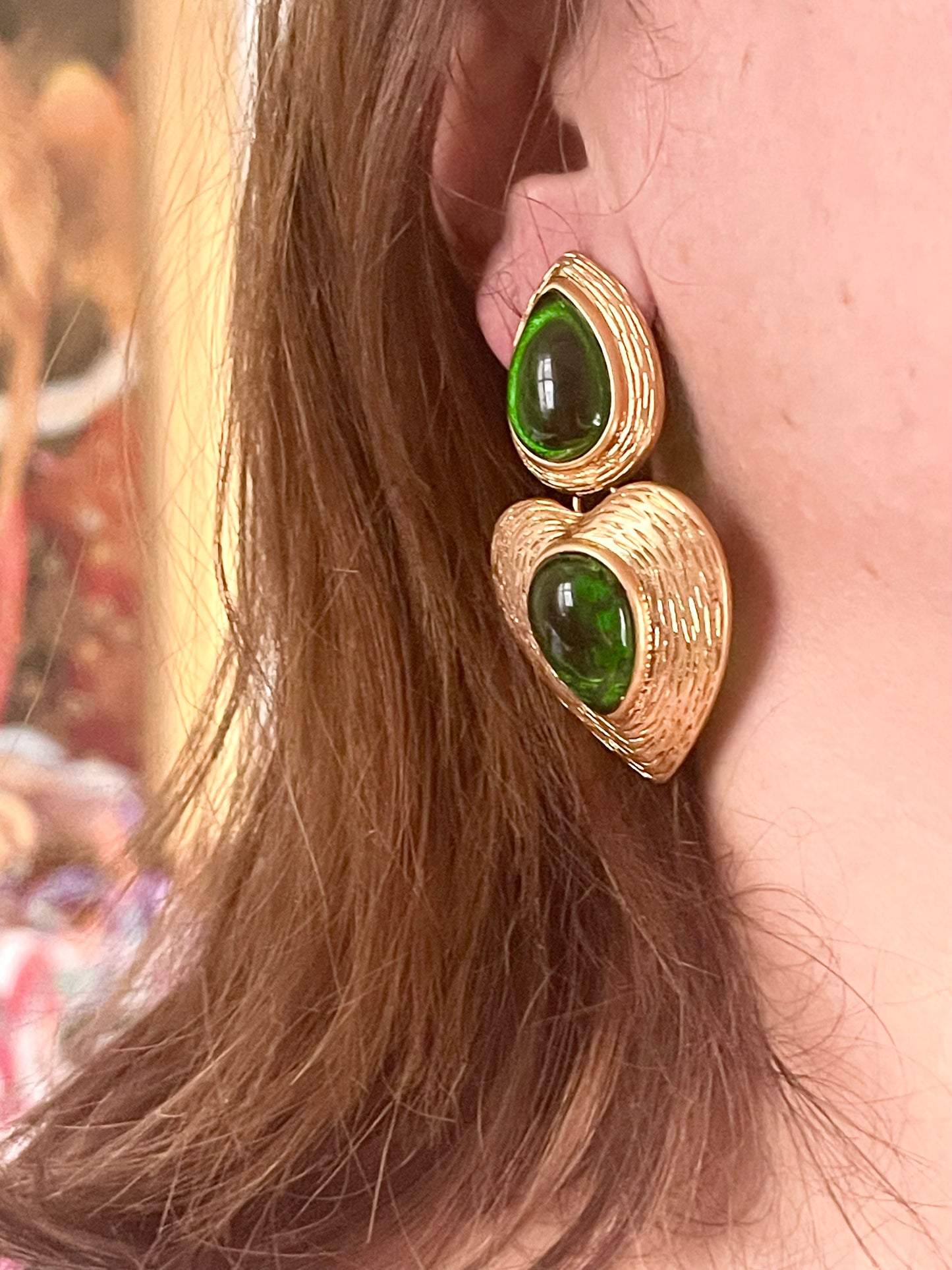 Tear Drop Gold & Green Remake Vintage Design Earrings