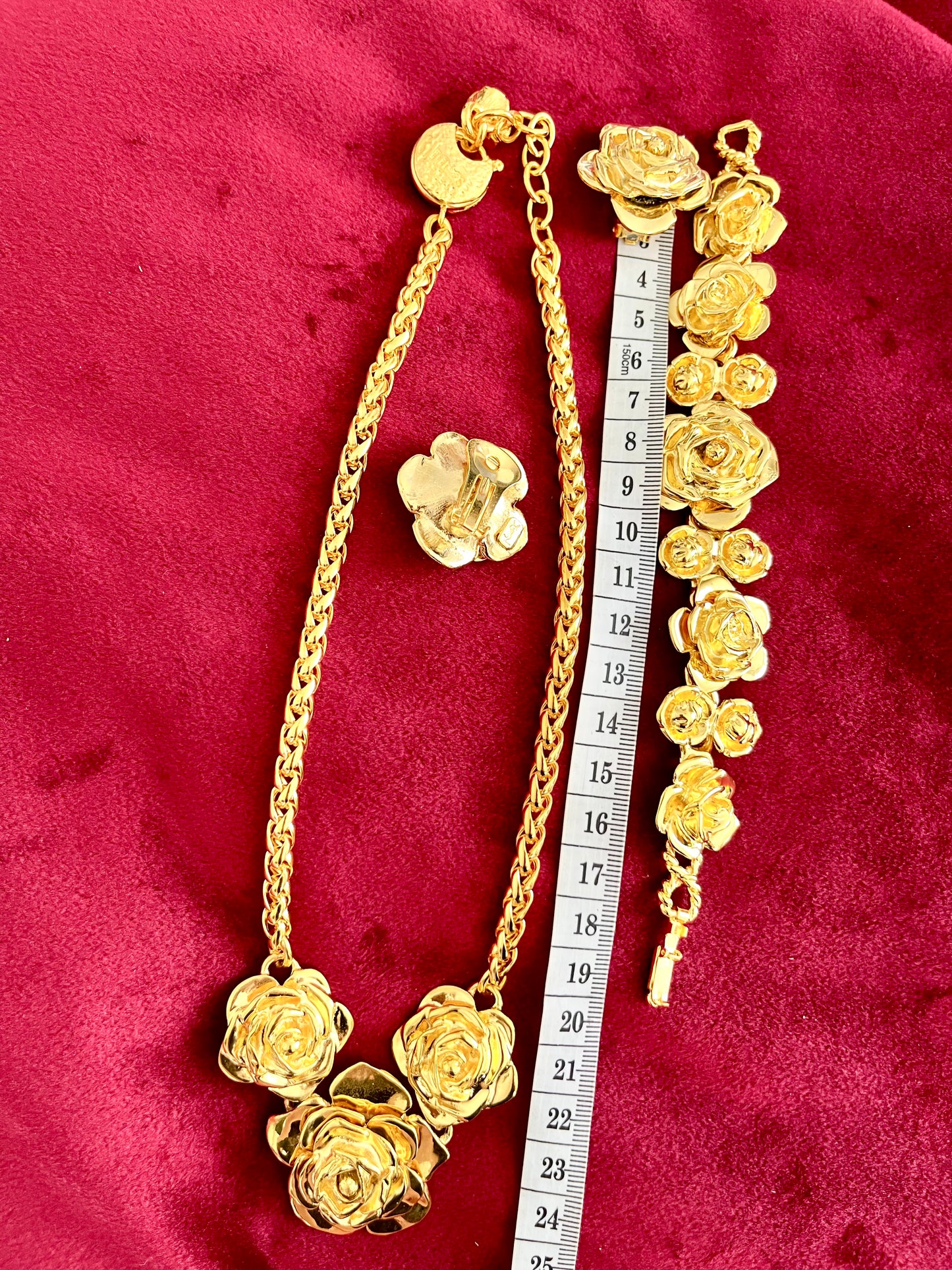 Rare Flower Vintage Yves Saint Laurent Gold Plated Jewelry Set – Necklace, Bracelet & Earrings – Signed YSL, Made in France