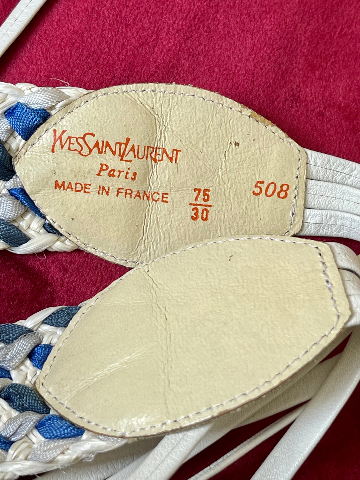 Size tag and signature Vintage Yves Saint Laurent white leather belt blue cotton 80’s collection perfect condition