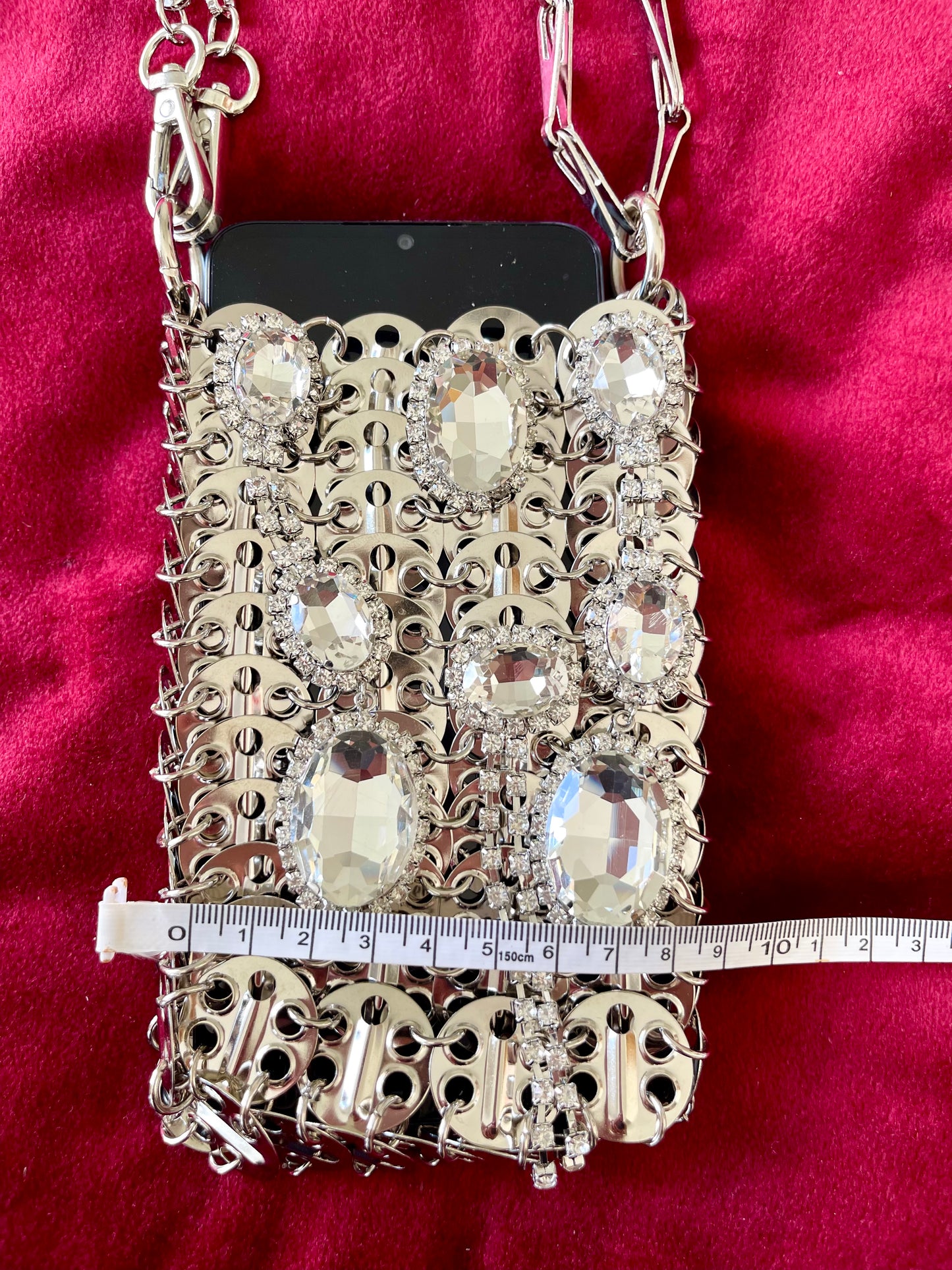 Micro Metal Phone Holder Bag Removable Crystal Brooches Style Paco Rabanne