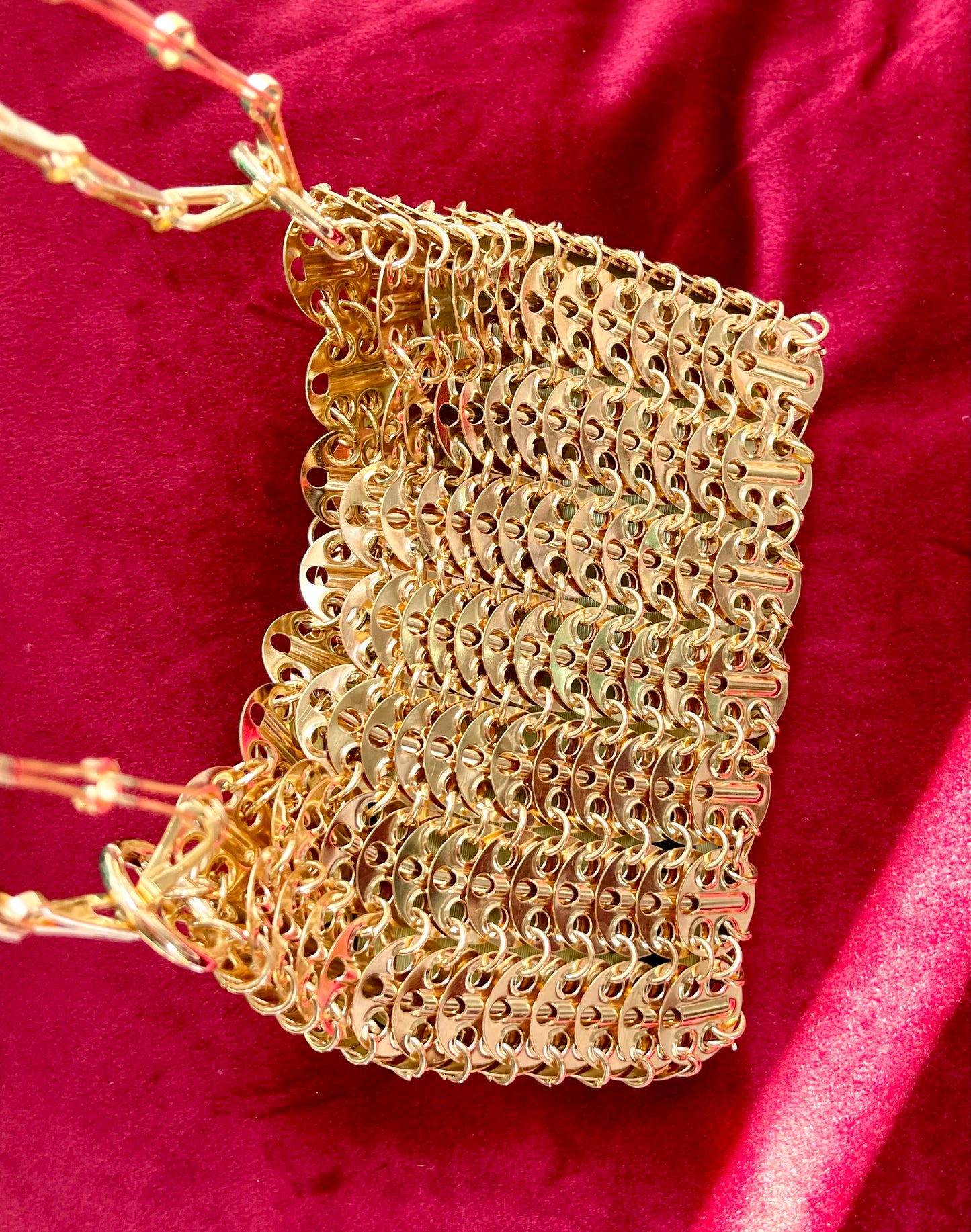 Side view Rose gold sparkle 1969 design bag style Paco Rabanne
