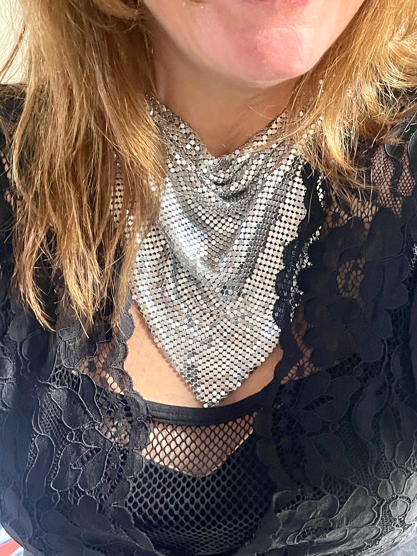 Close up silver tone metal Pixel scarf necklace Paco Rabanne style vintage designer collection worn by model