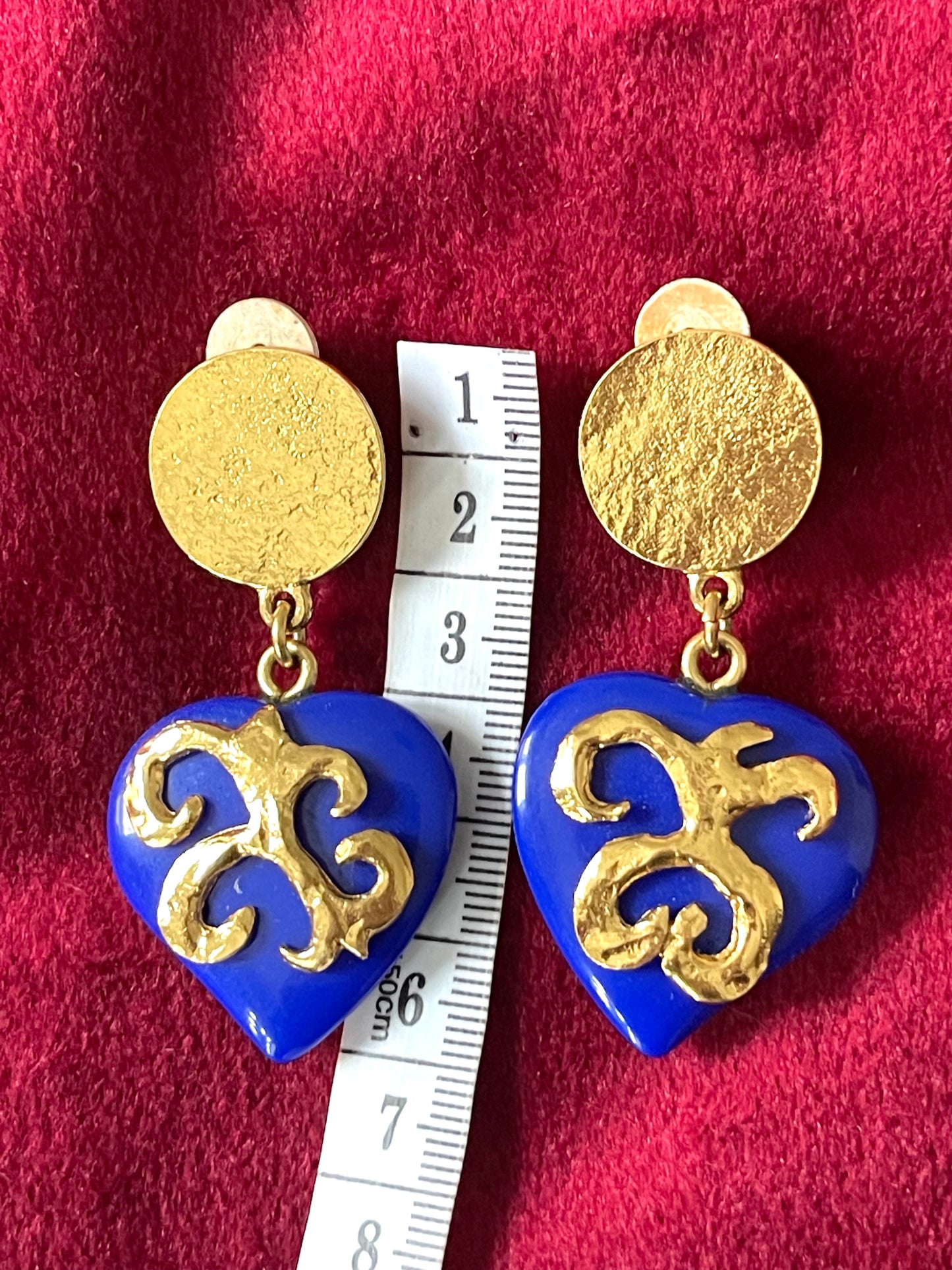 Yves Saint Laurent Vintage Earrings Blue Hearts Gold Tone