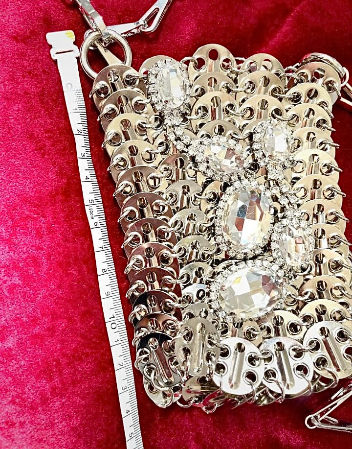 Length Phone holder silver metal Crystal crossbody bag style Paco Rabanne Sparkle 1969 using a measuring tape