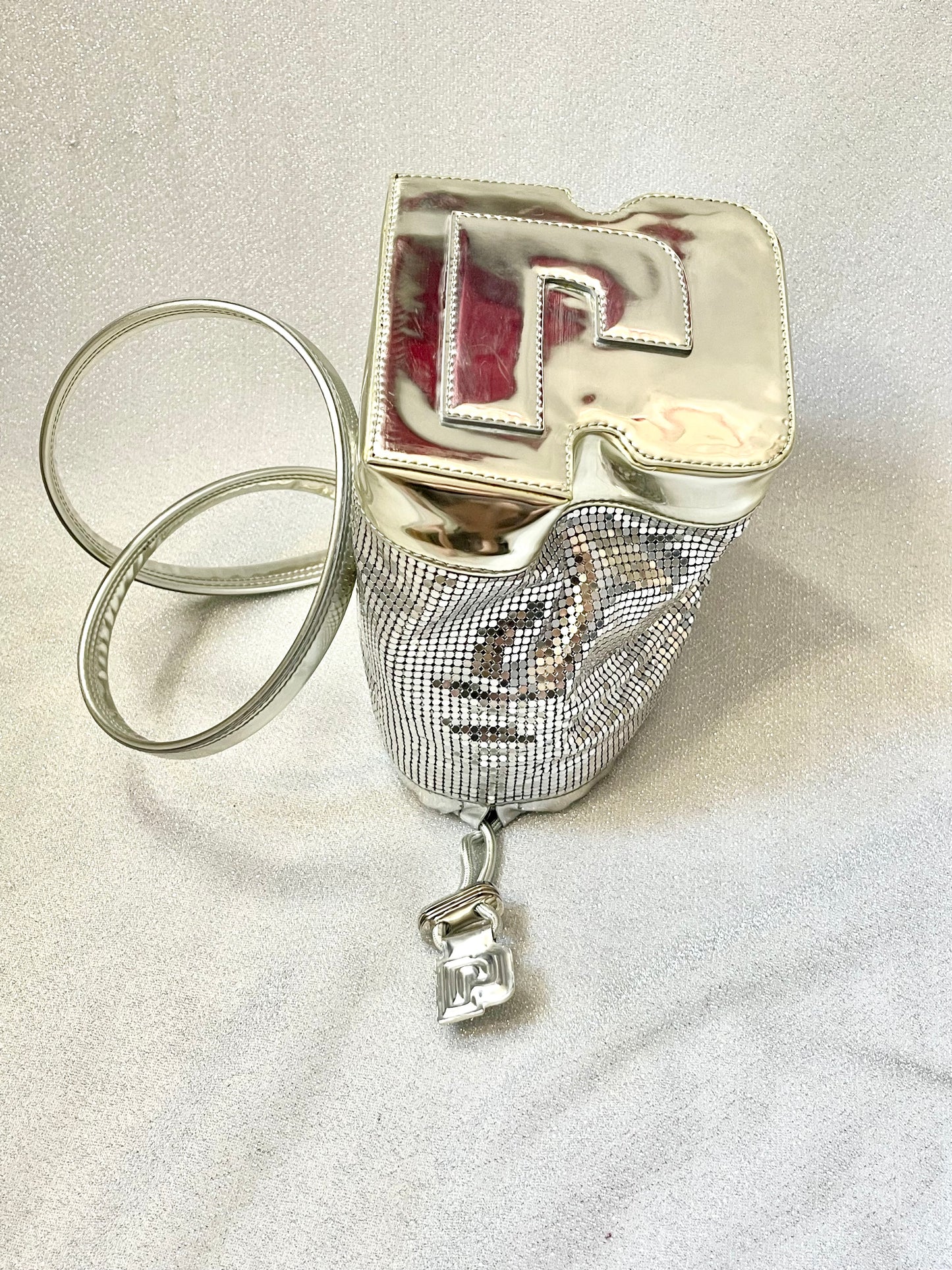 Paco Rabanne Vintage Pixel Silver Vinyl Leather Bag – Convertible Wrist & Shoulder Bag
