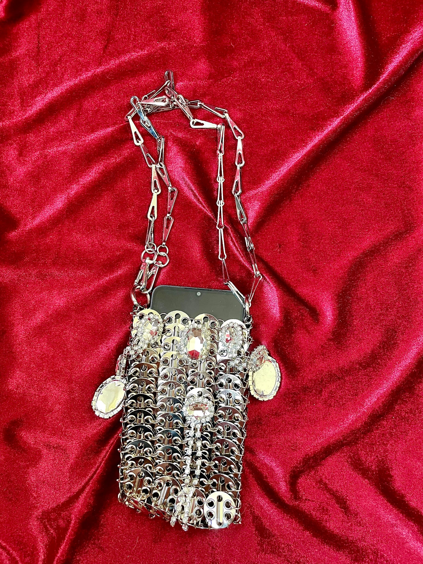 Micro Metal Phone Holder Bag Removable Crystal Brooches Style Paco Rabanne