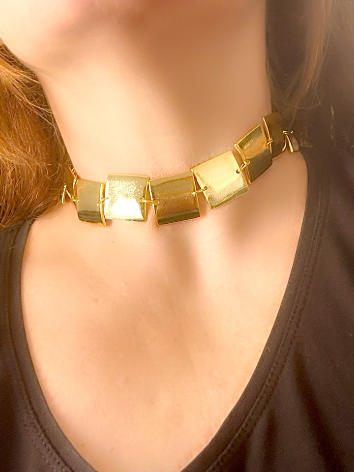 Iconic Paco Rabanne vintage gold plated jewelry set , bracelet- necklace refurbished 18KG worn on model