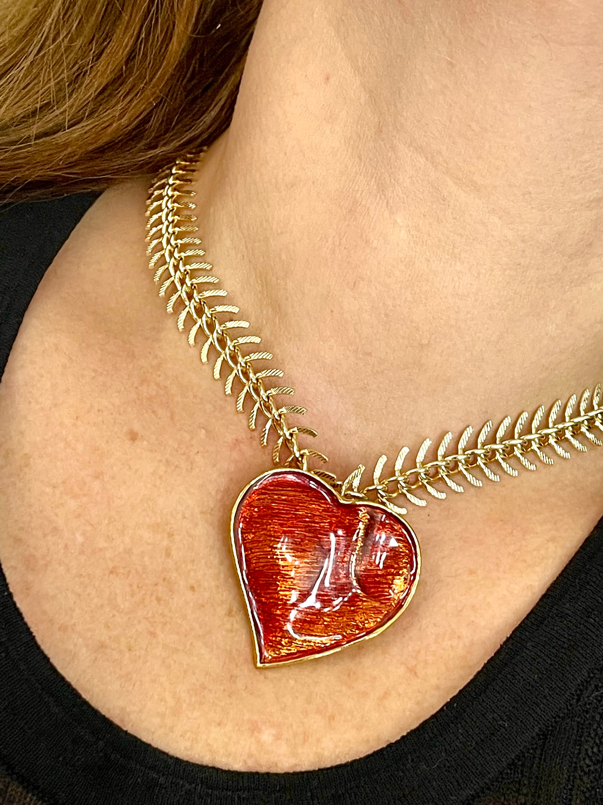 Arty Yves Saint Laurent vintage 80’s red enamel gold plated heart charms statement pendant necklace brooch rare items