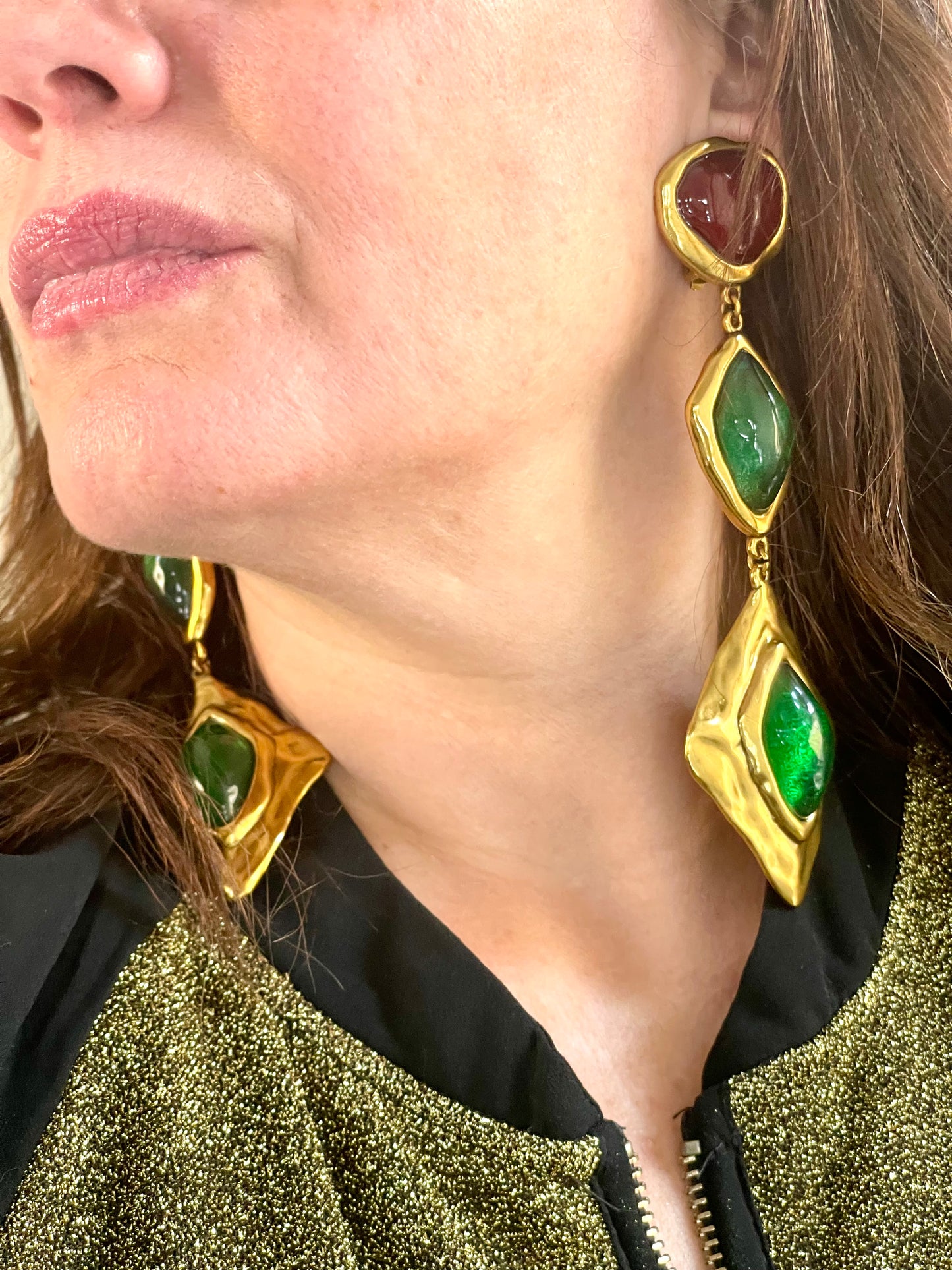 Yves Saint Laurent XXL Vintage design green red stones copper metal worn by model