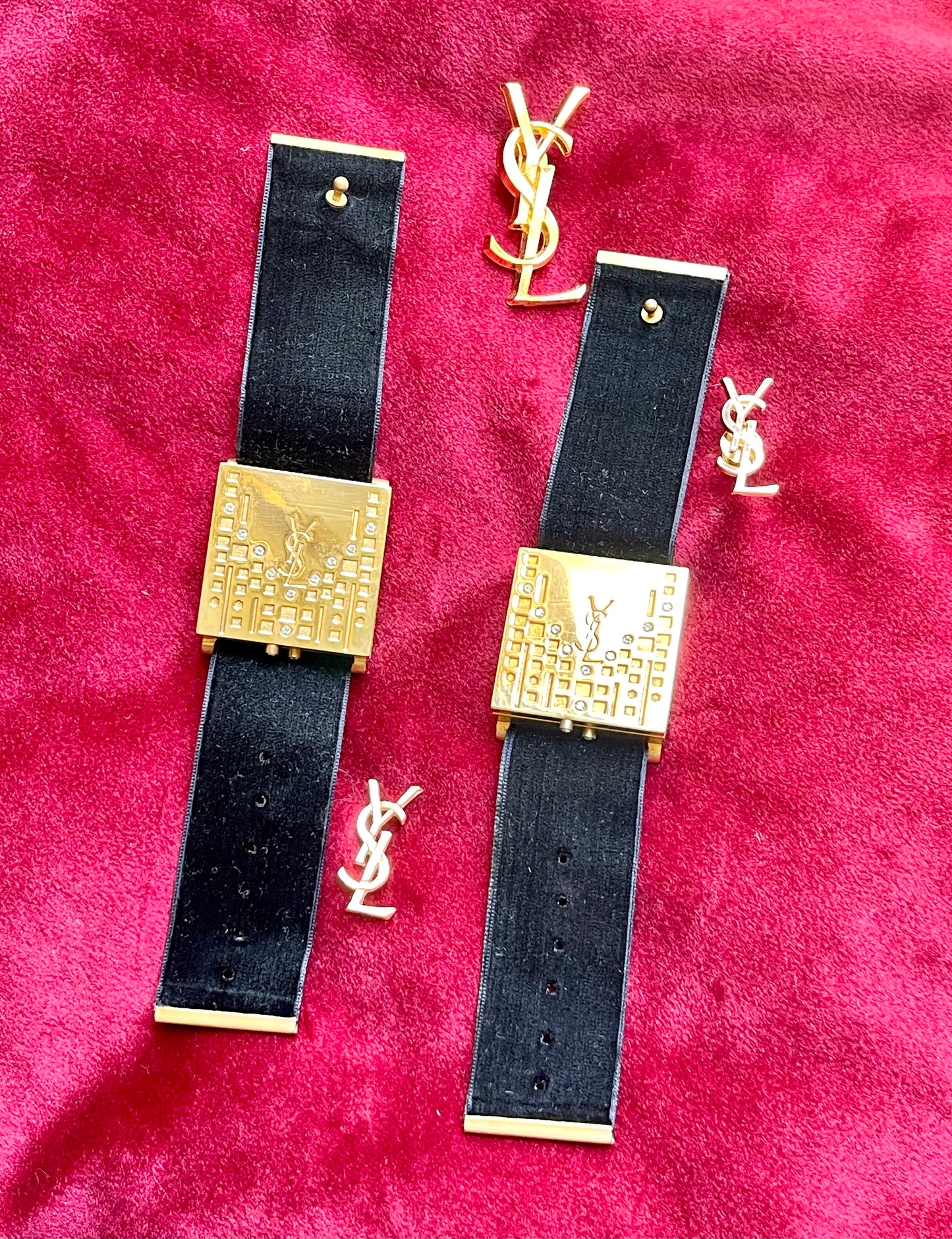 Fashion Bracelet makeup Yves Saint Laurent vintage 2000 displayed with YSL pins on a red velvet background