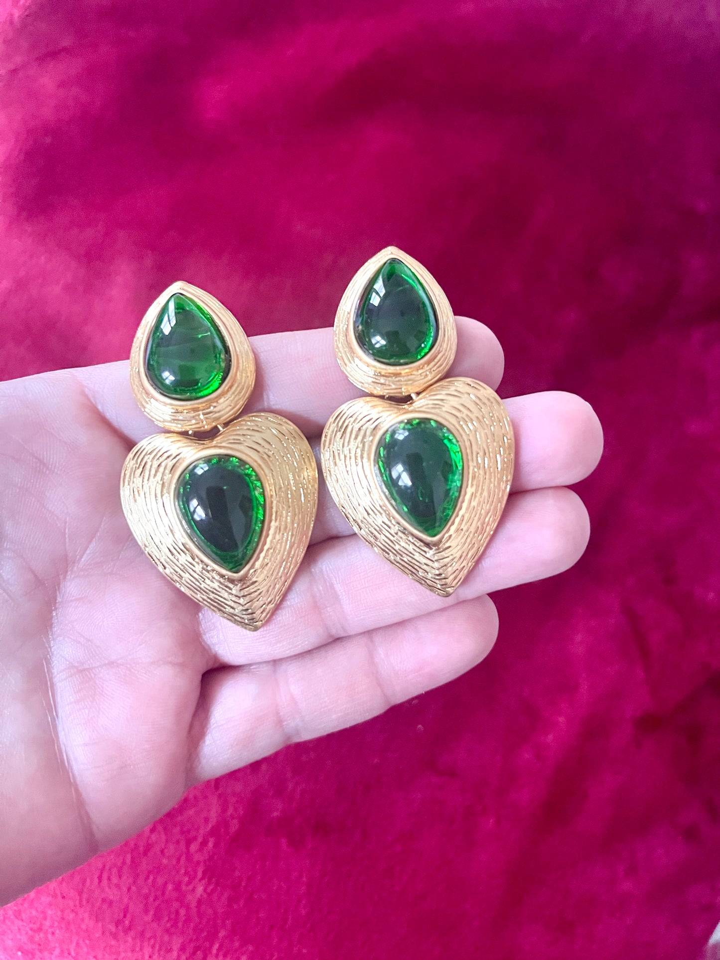 Tear Drop Gold & Green Remake Vintage Design Earrings