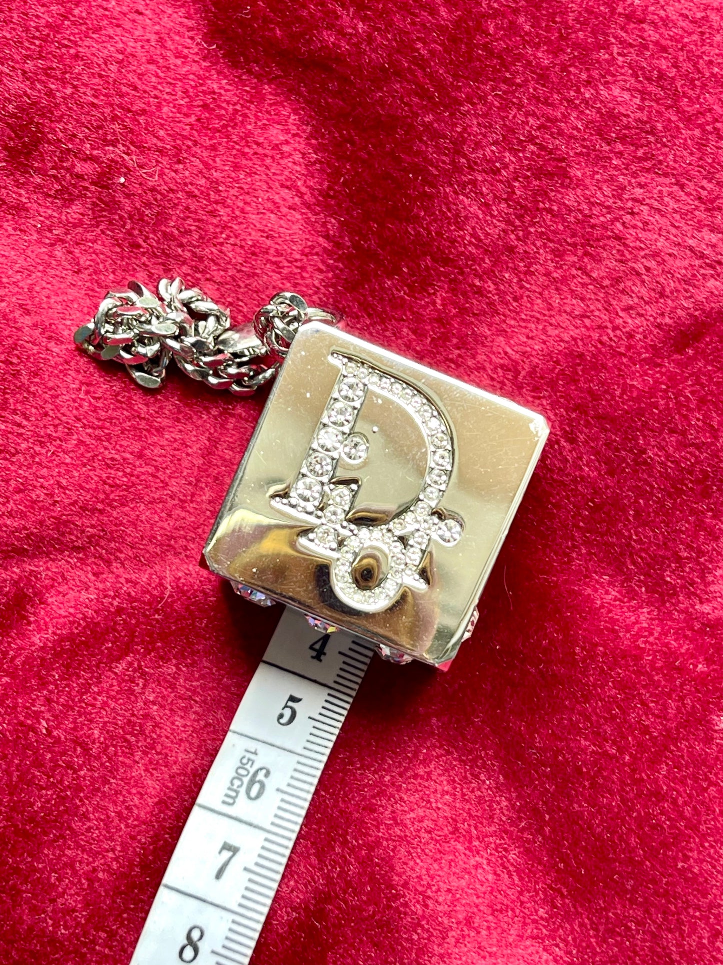 4cm measuring top view of vintage Dior Play dice-shaped bag charm with silver finish and embedded crystals vintage collection 2000